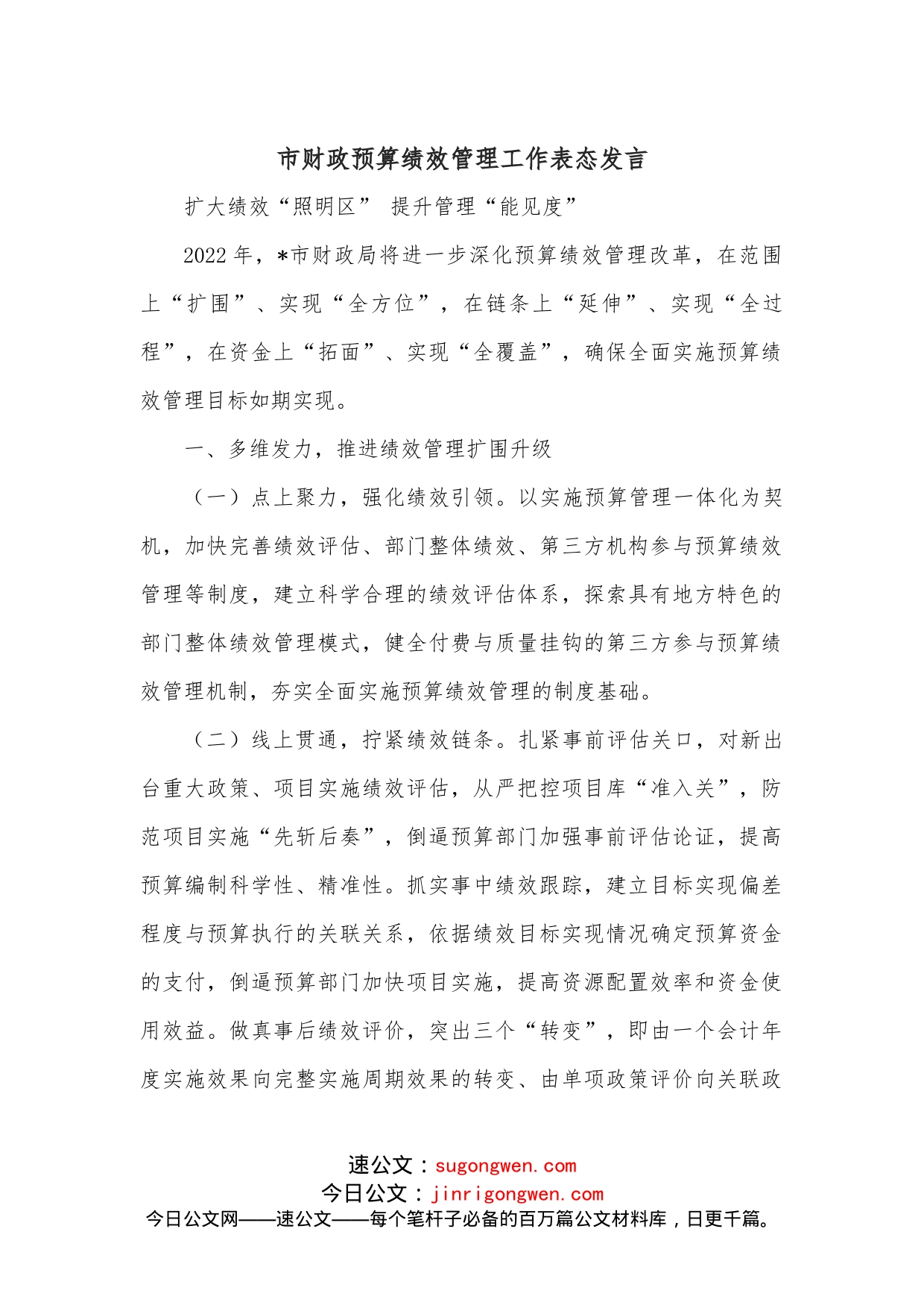 市财政预算绩效管理工作表态发言_第1页