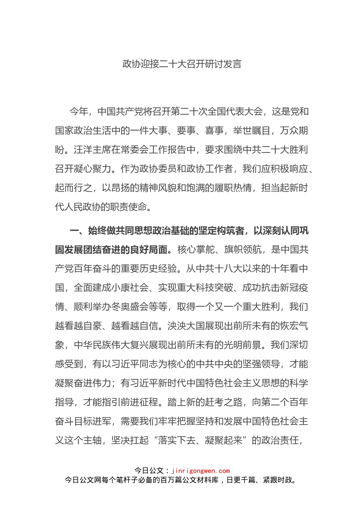 政协迎接二十大召开研讨发言_第1页