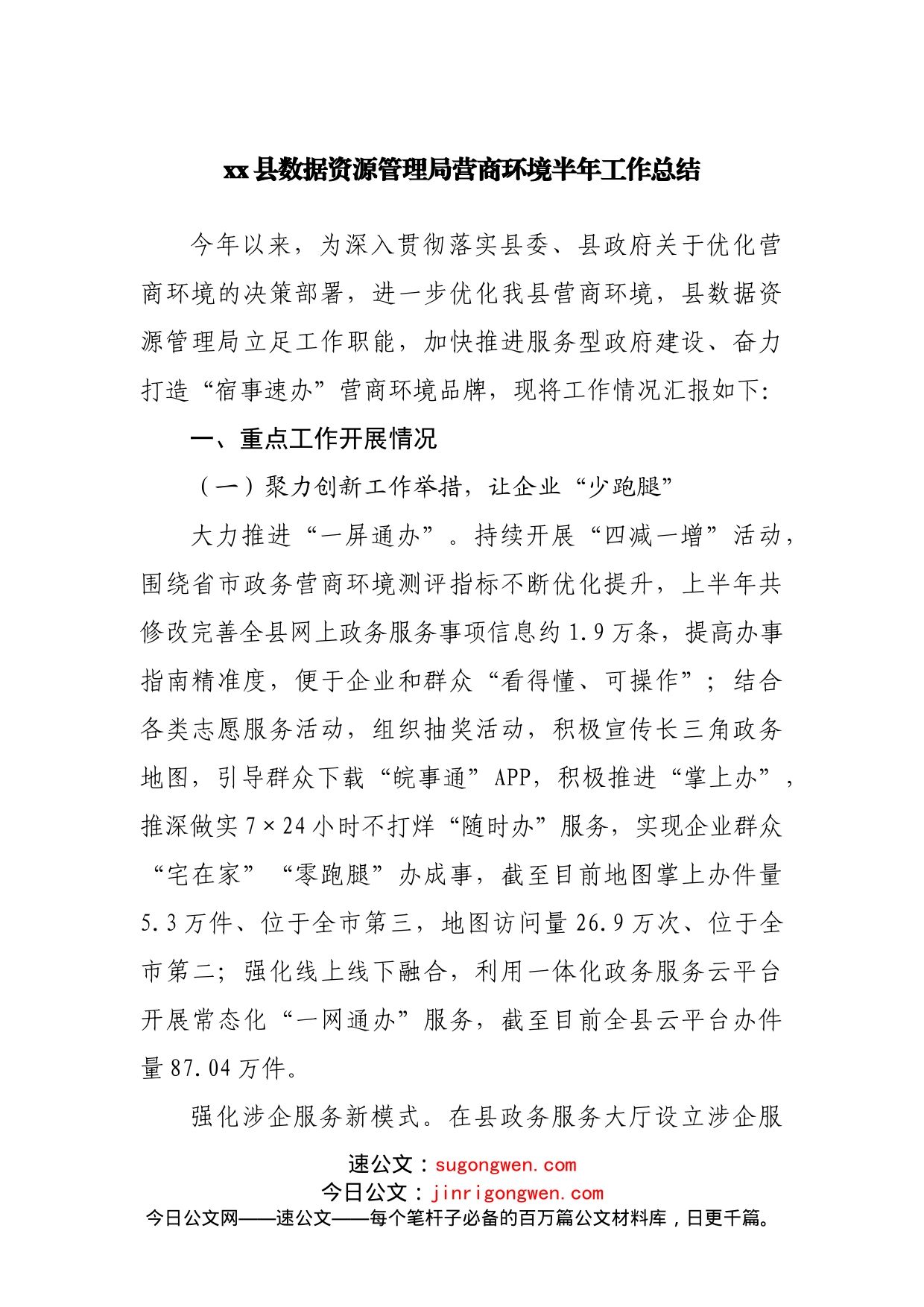 数据资源管理局营商环境半年工作总结_第1页