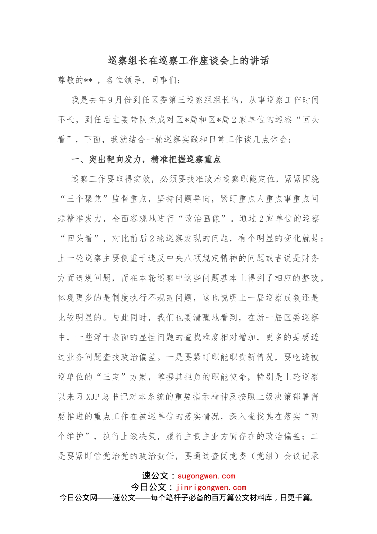 巡察组长在巡察工作座谈会上的讲话_第1页