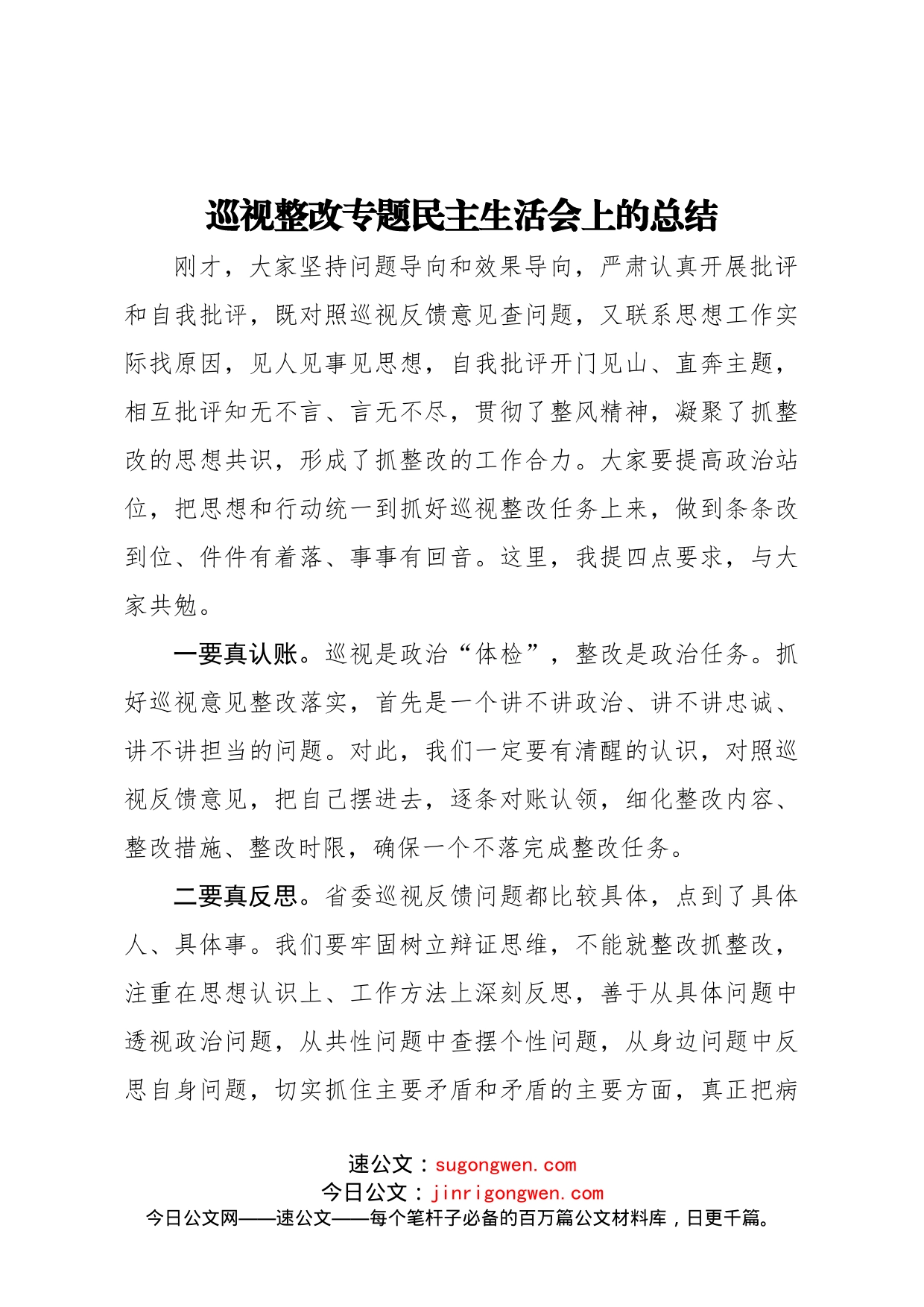 巡视整改专题民主生活会上的总结_第1页