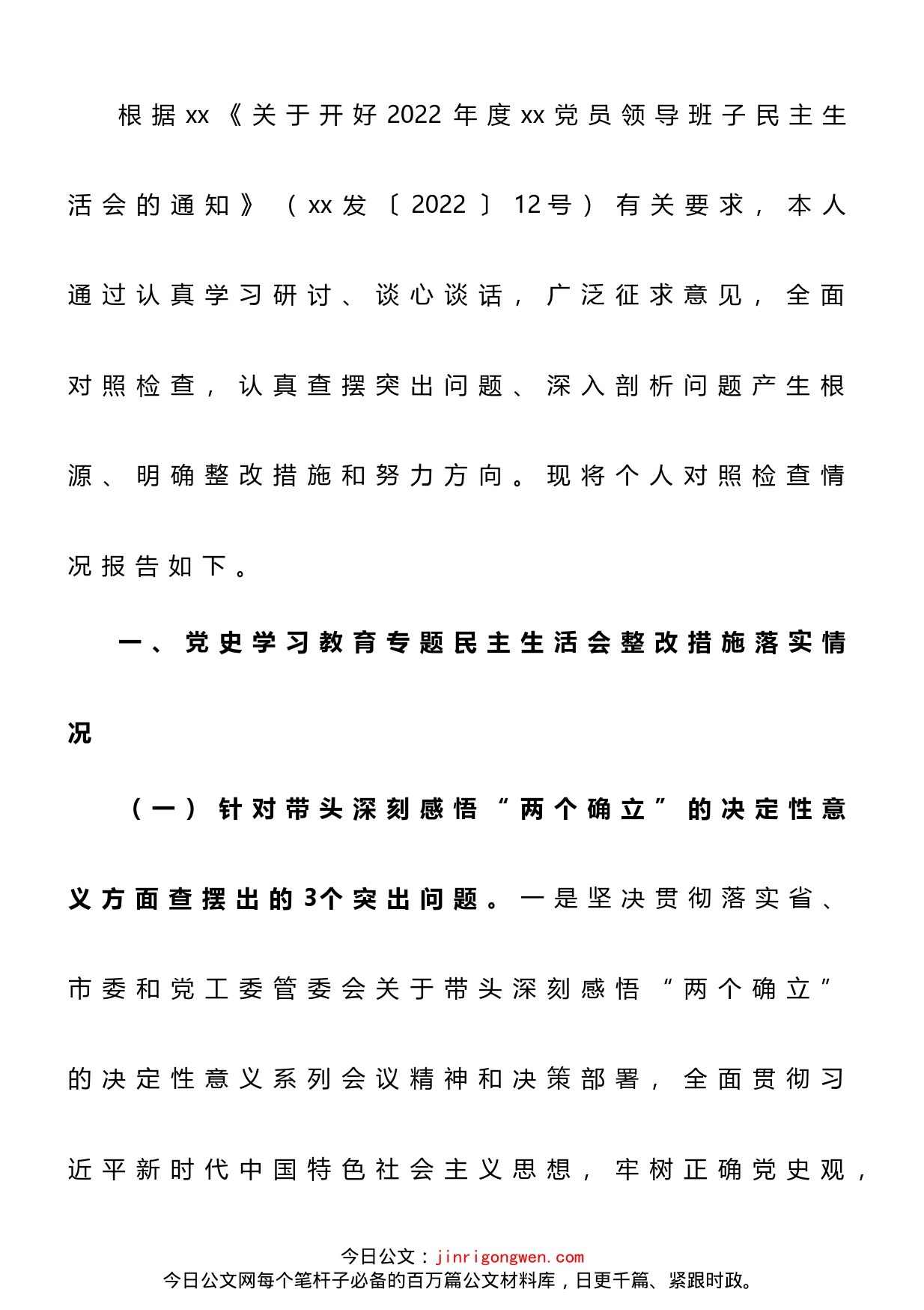行政审批局2022年度民主生活会个人发言提纲_第1页