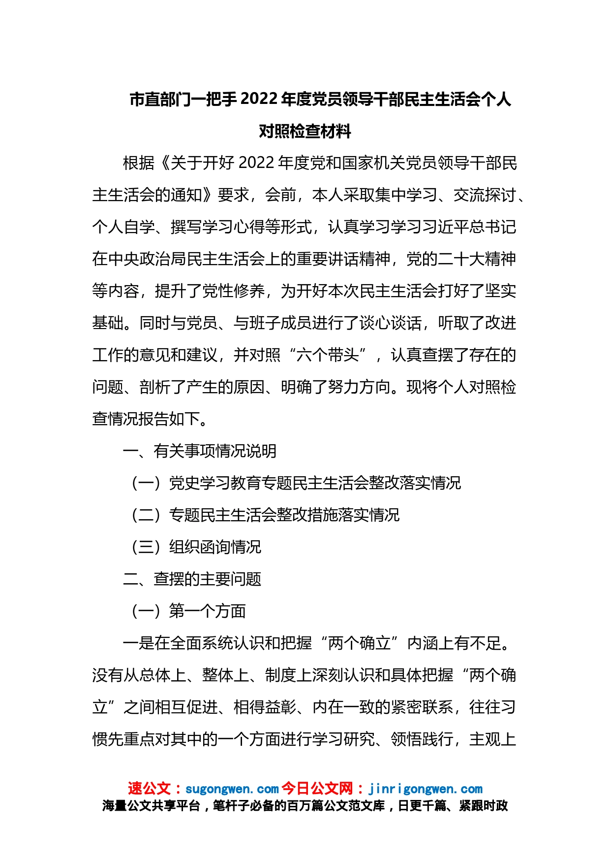 市直部门一把手2022年度党员领导干部民主生活会个人对照检查材料_第1页