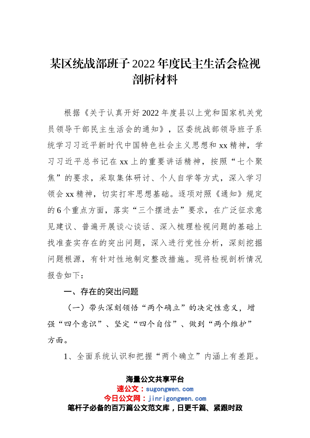 某区统战部班子2022年度民主生活会检视剖析材料_第1页