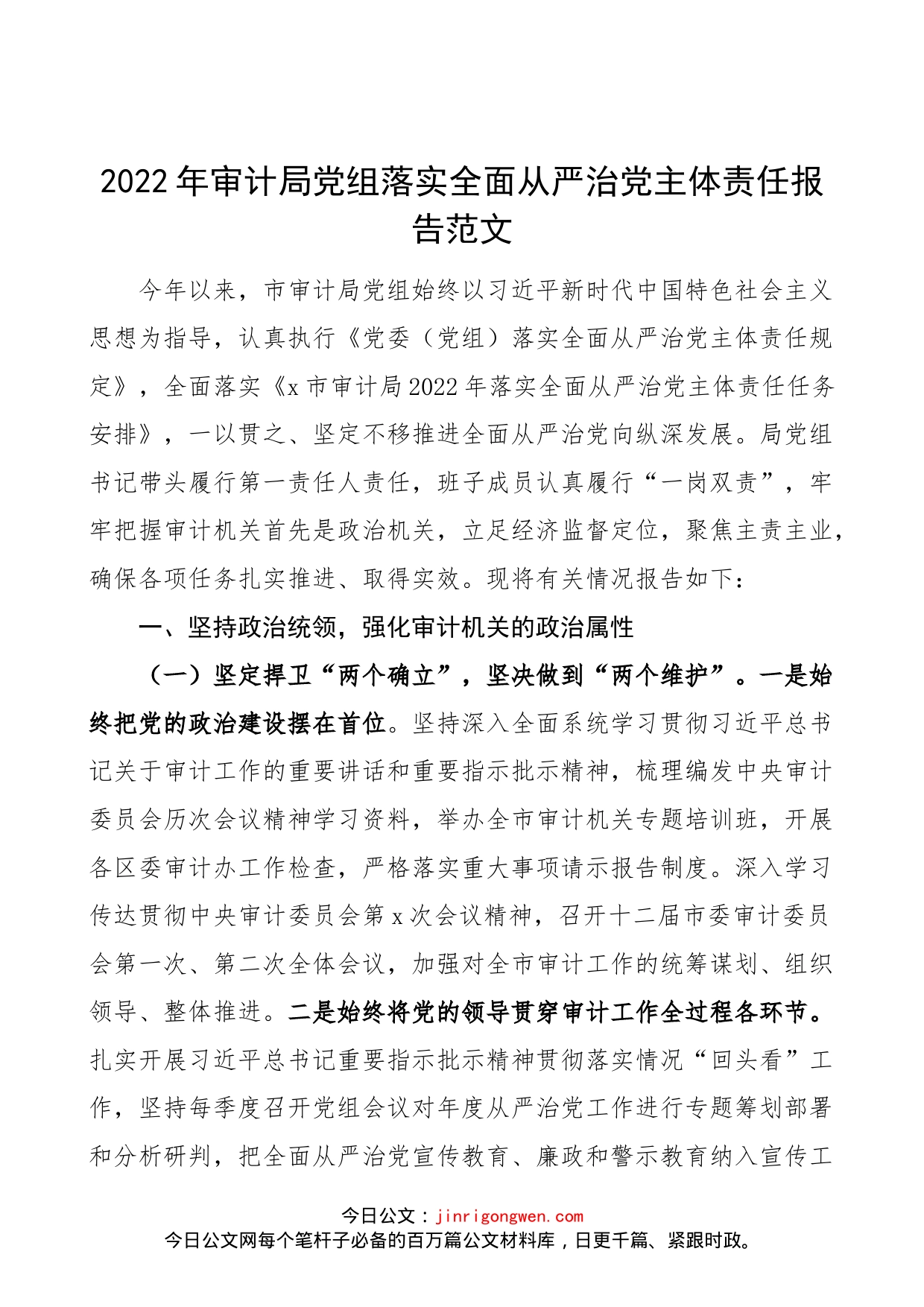 2022年审计局党组落实全面从严治党主体责任报告范文（工作汇报总结）_第1页