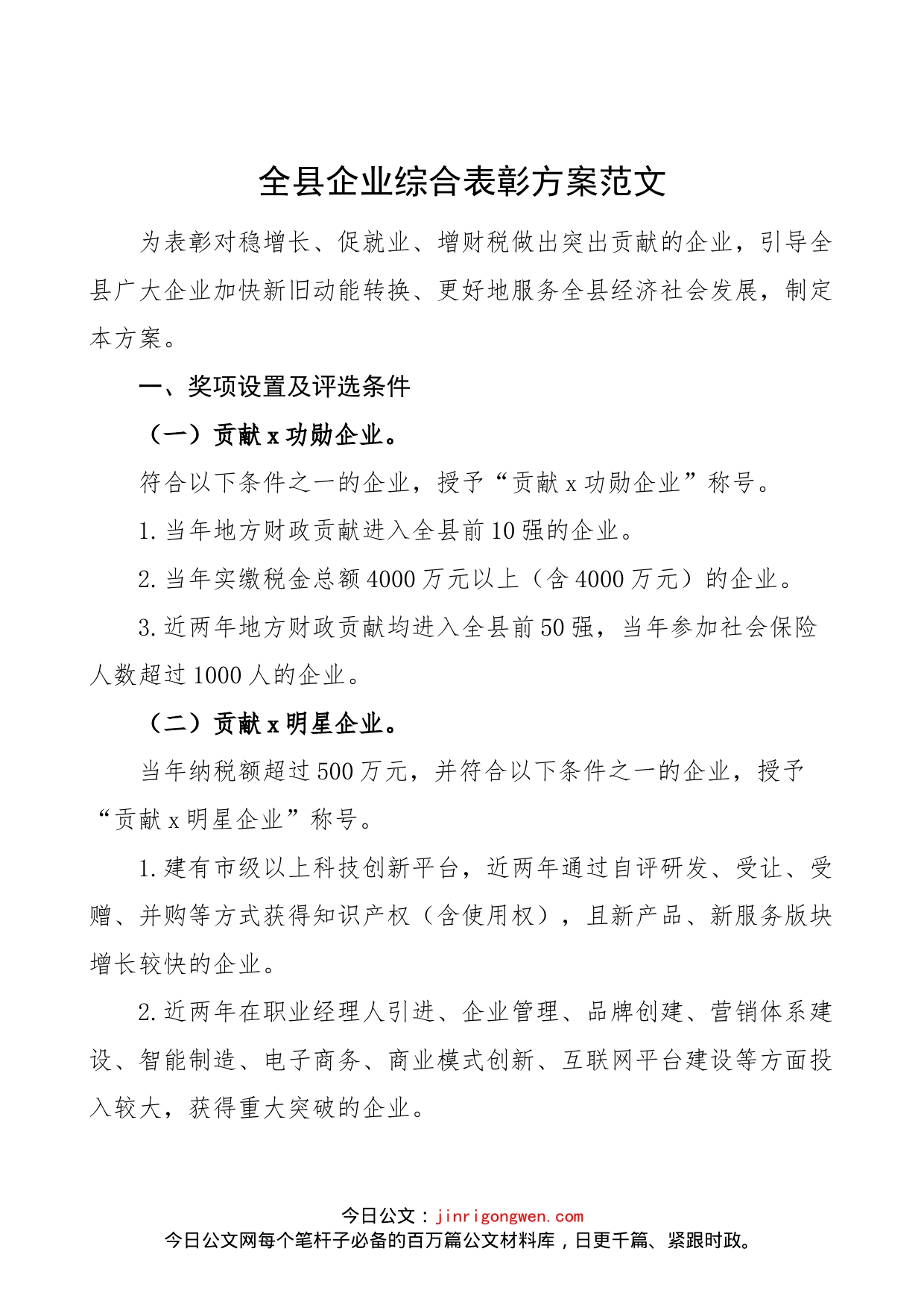 全县企业综合表彰方案范文（工作实施方案）（23020904）_第1页