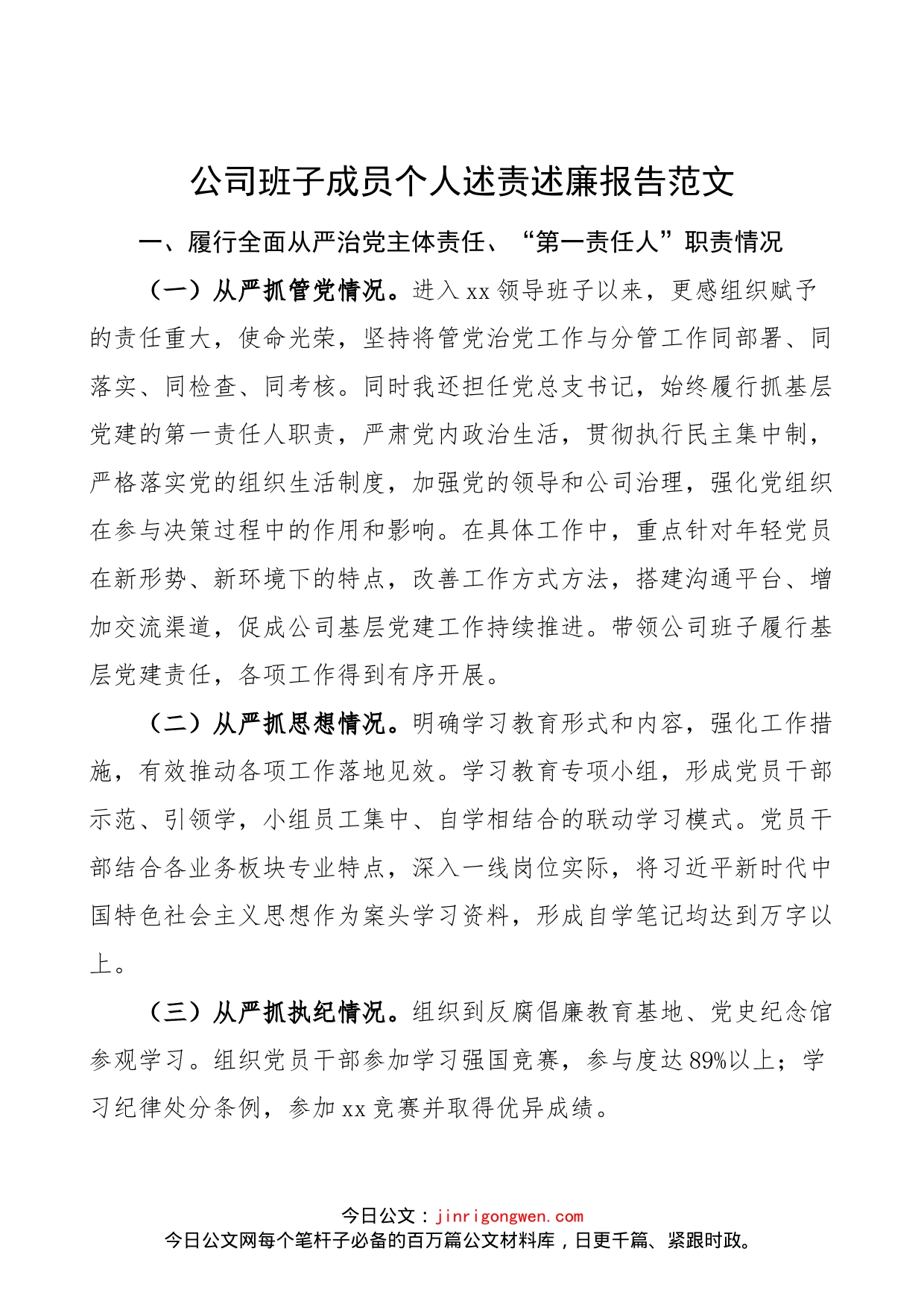 公司班子成员个人述责述廉报告范文_第1页