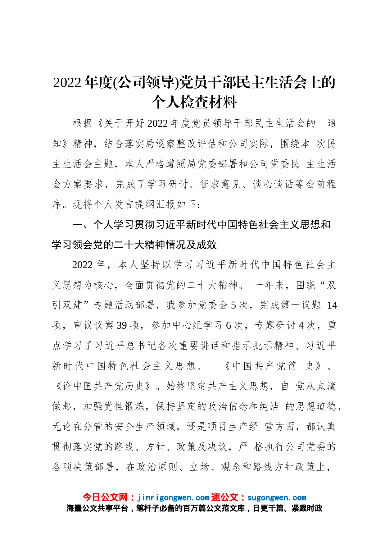 2022年度公司领导党员干部民主生活会上的个人检查材料_第1页