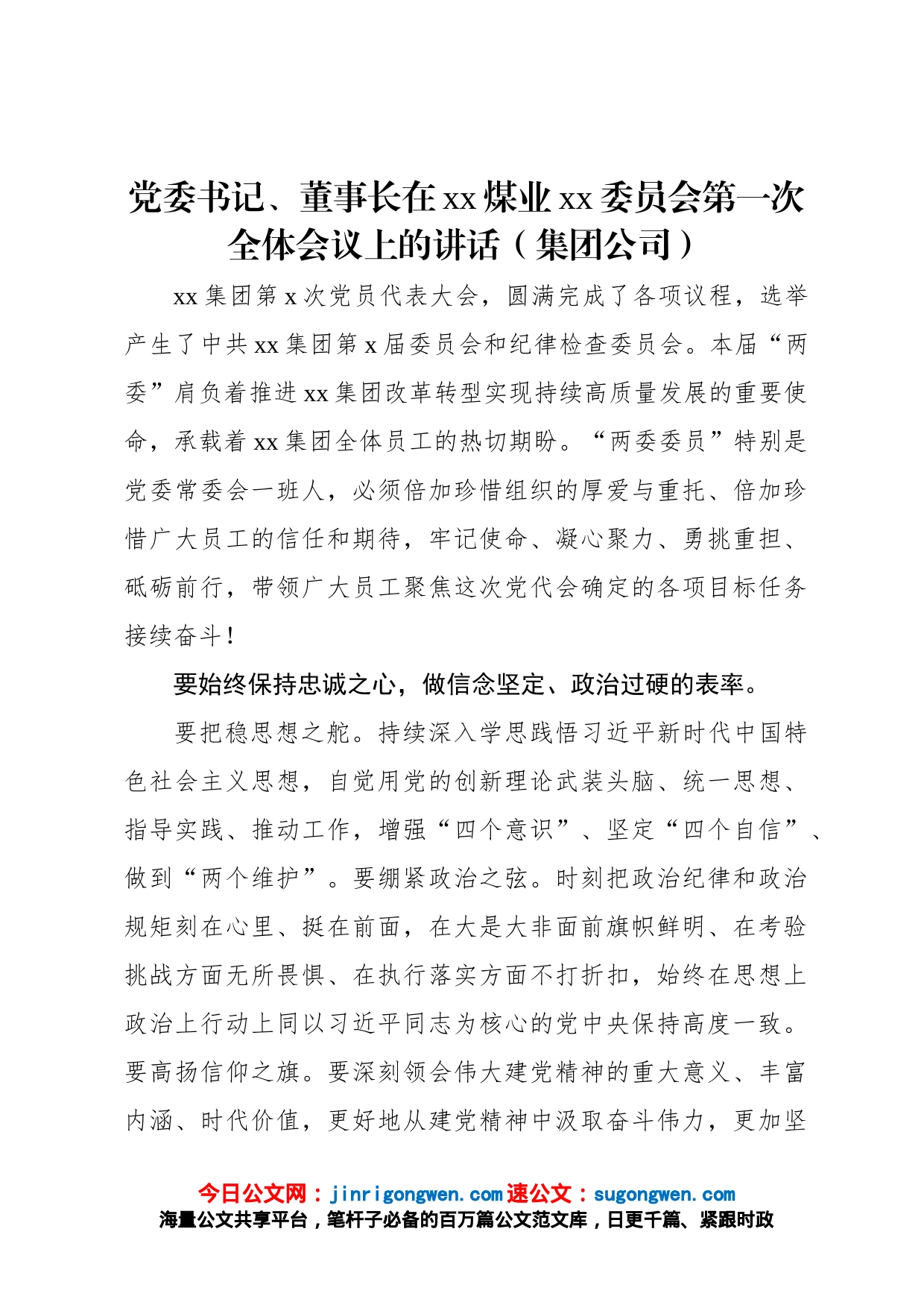 党委书记、董事长在xx煤业xx委员会第一次全体会议上的讲话集团公司_第1页