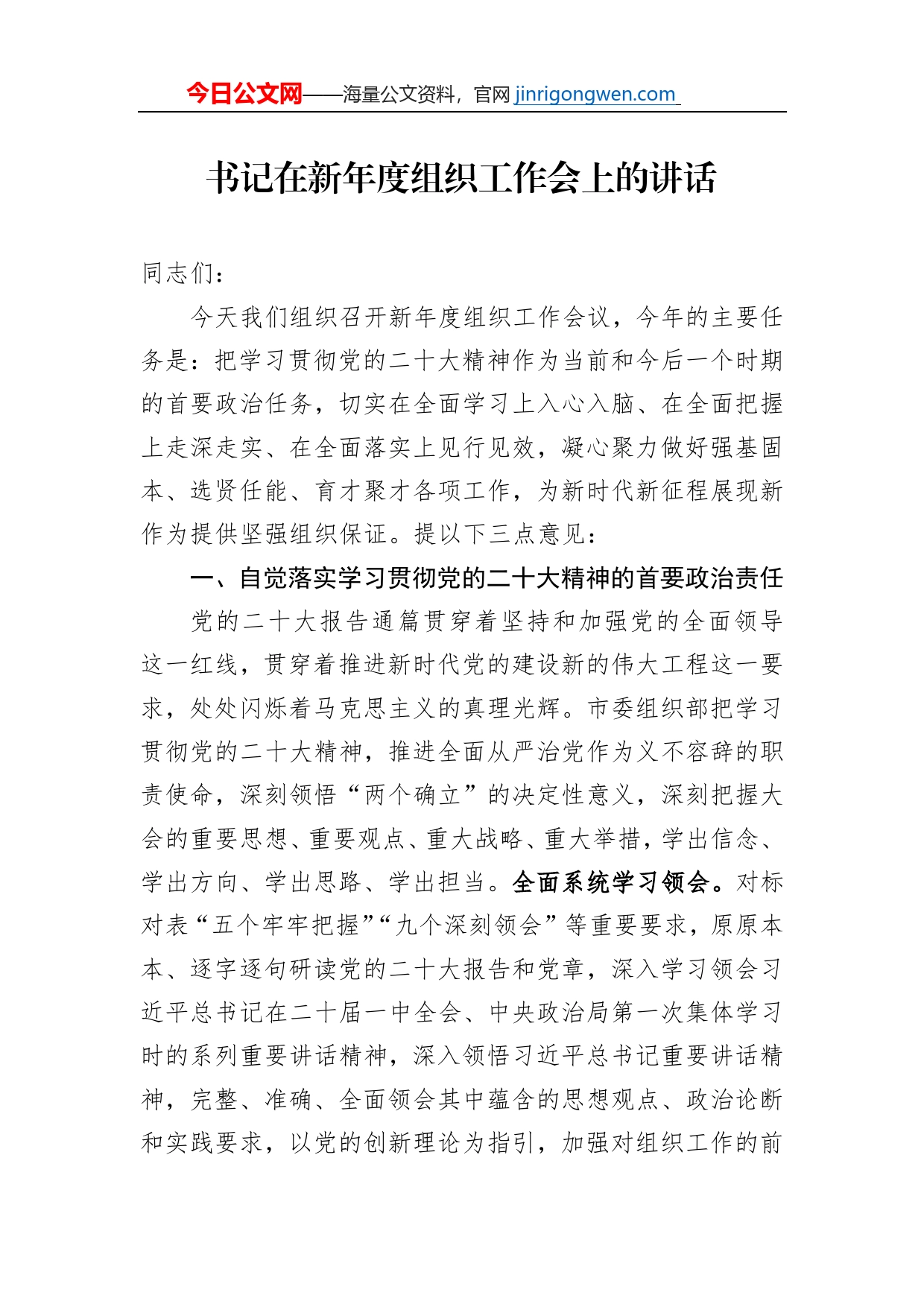 书记在新年度组织工作会上的讲话_第1页
