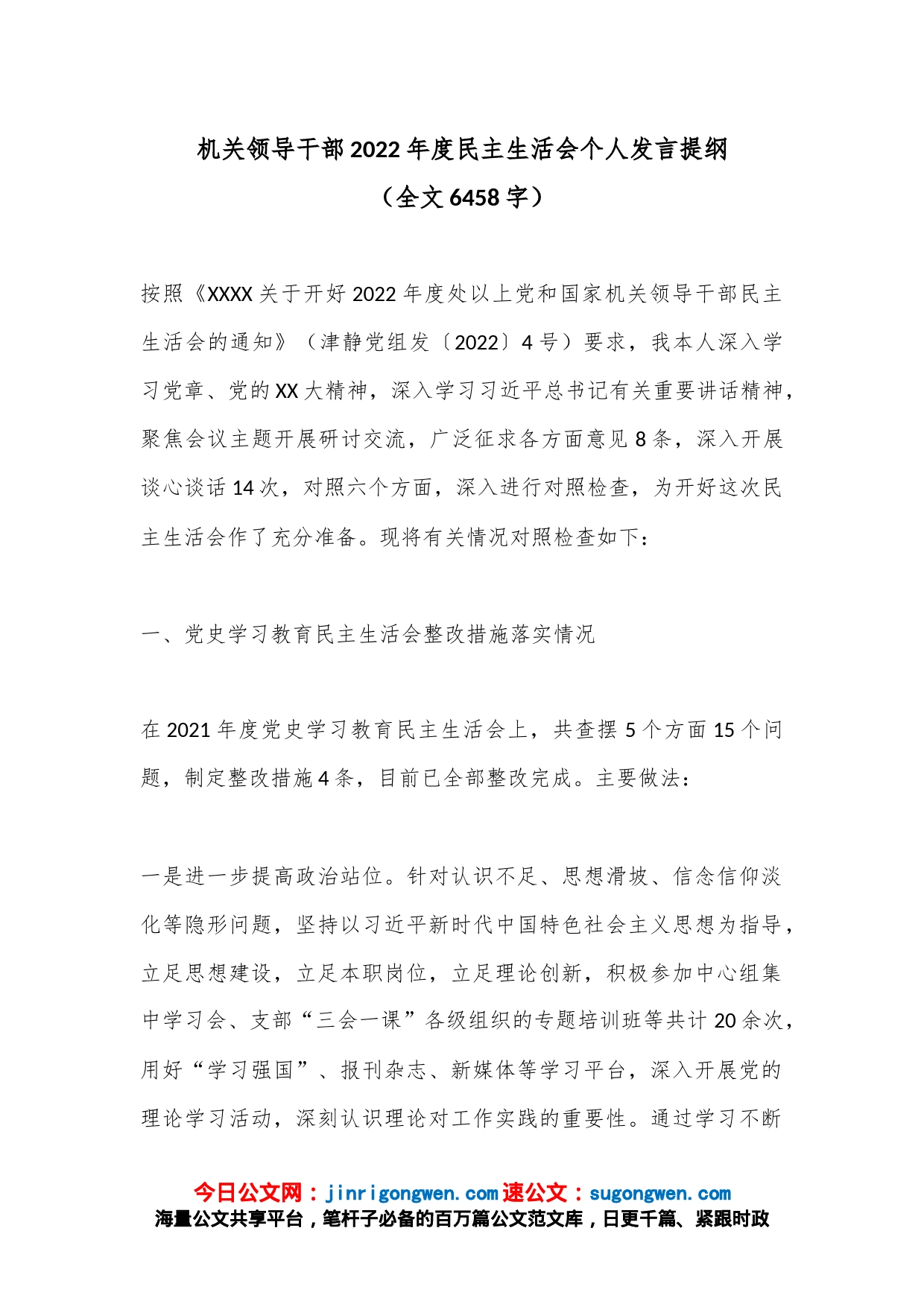 机关领导干部2022年度民主生活会个人发言提纲（全文6458字）_第1页