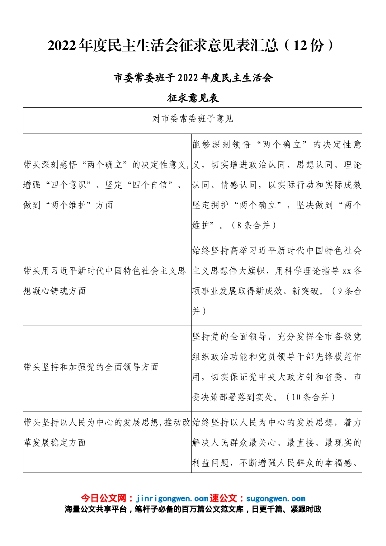 2022年度民主生活会征求意见表汇总（12份）_第1页