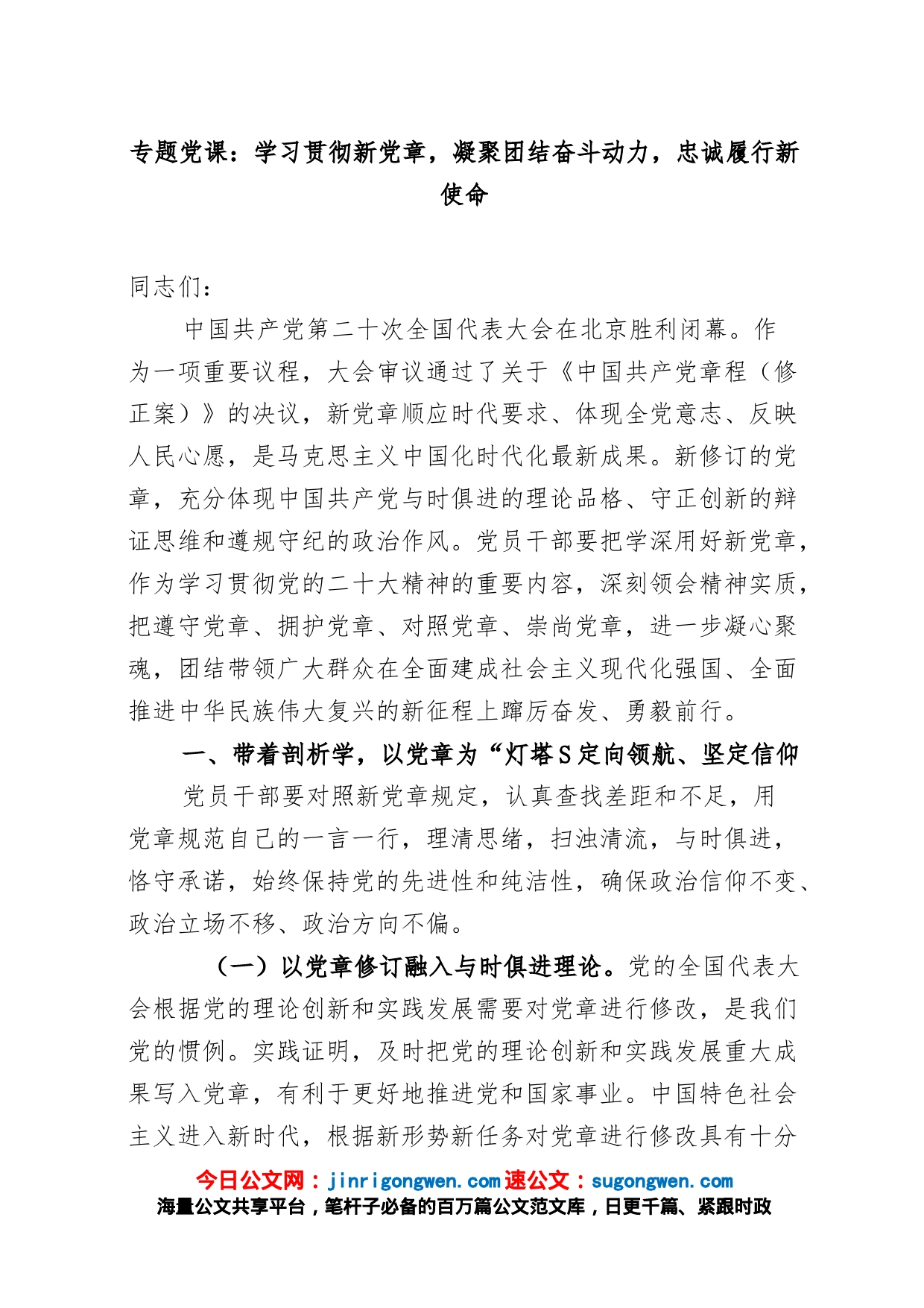 党课：学习贯彻新党章 凝聚团结奋斗动力 忠诚履行新使命_第1页