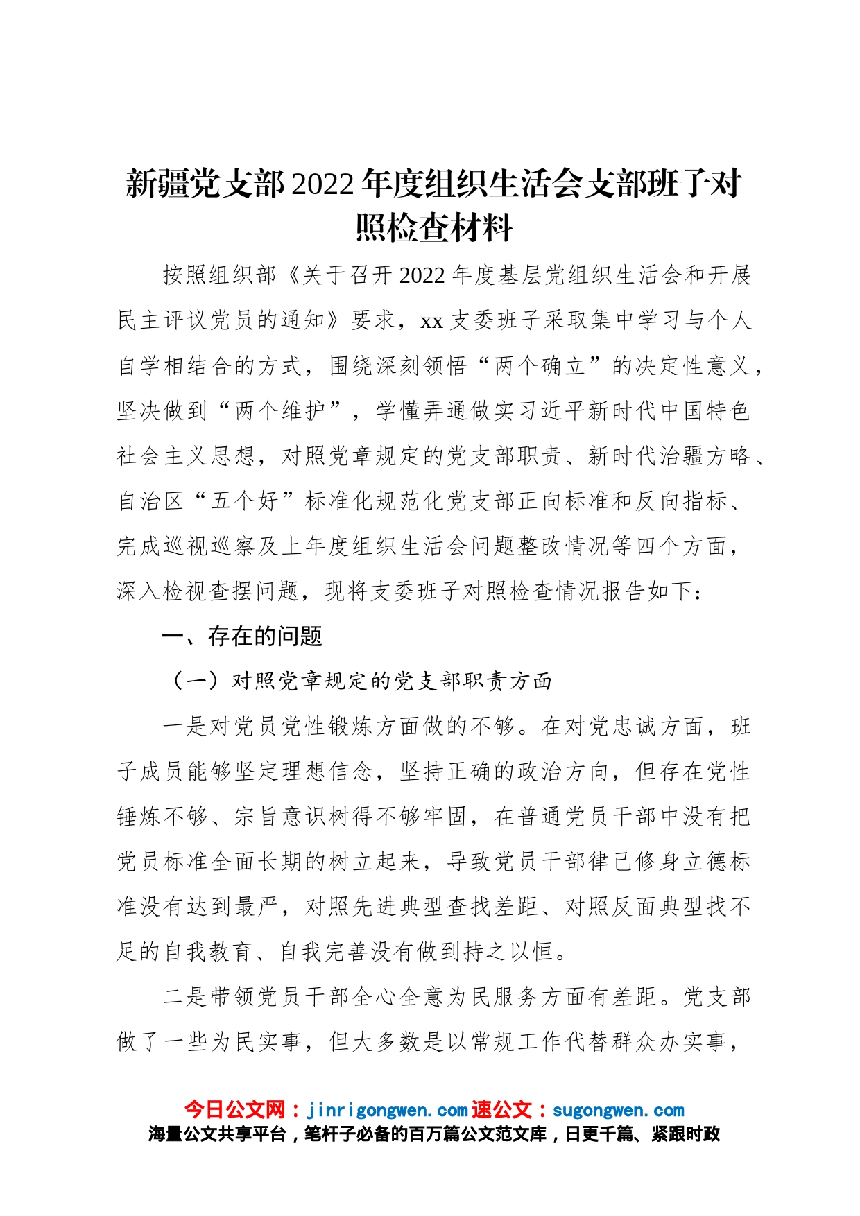 新疆党支部2022年度组织生活会支部班子对照检查材料_第1页