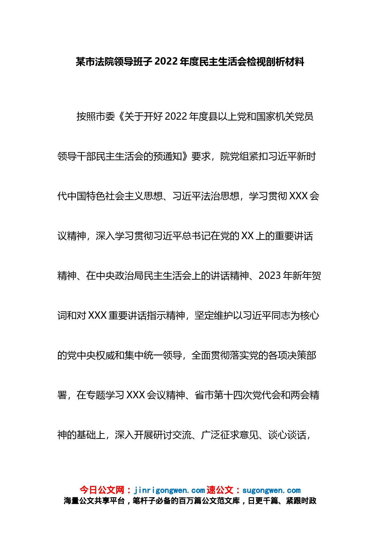 某市法院领导班子2022年度民主生活会检视剖析材料_第1页