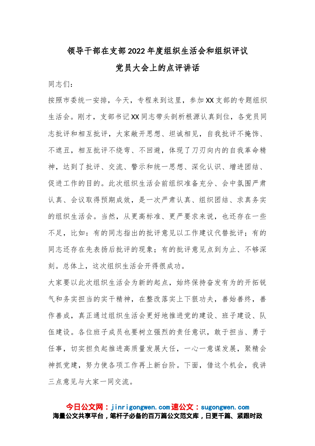 领导干部在支部2022年度组织生活会和组织评议党员大会上的点评讲话_第1页