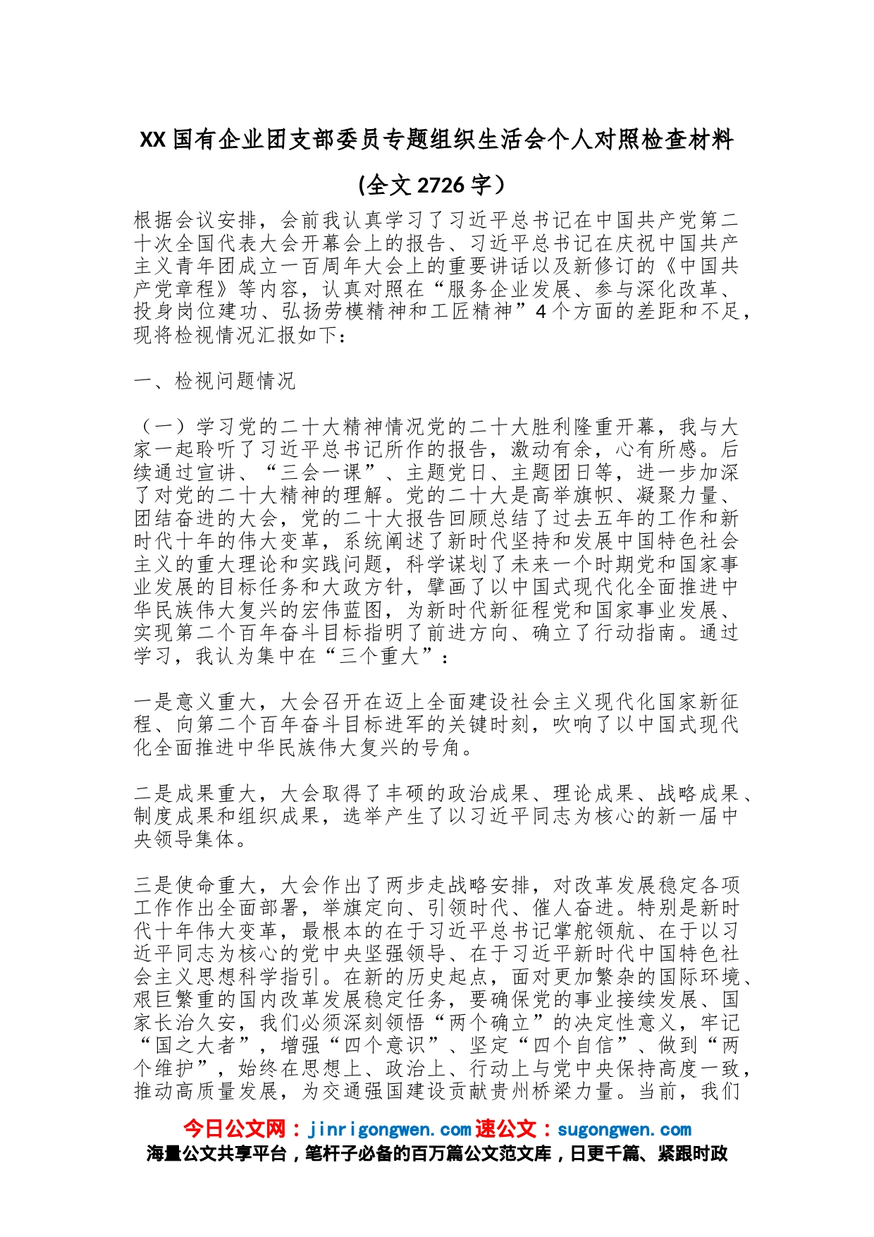 国有企业团支部委员专题组织生活会个人对照检查材料(全文2726字）_第1页