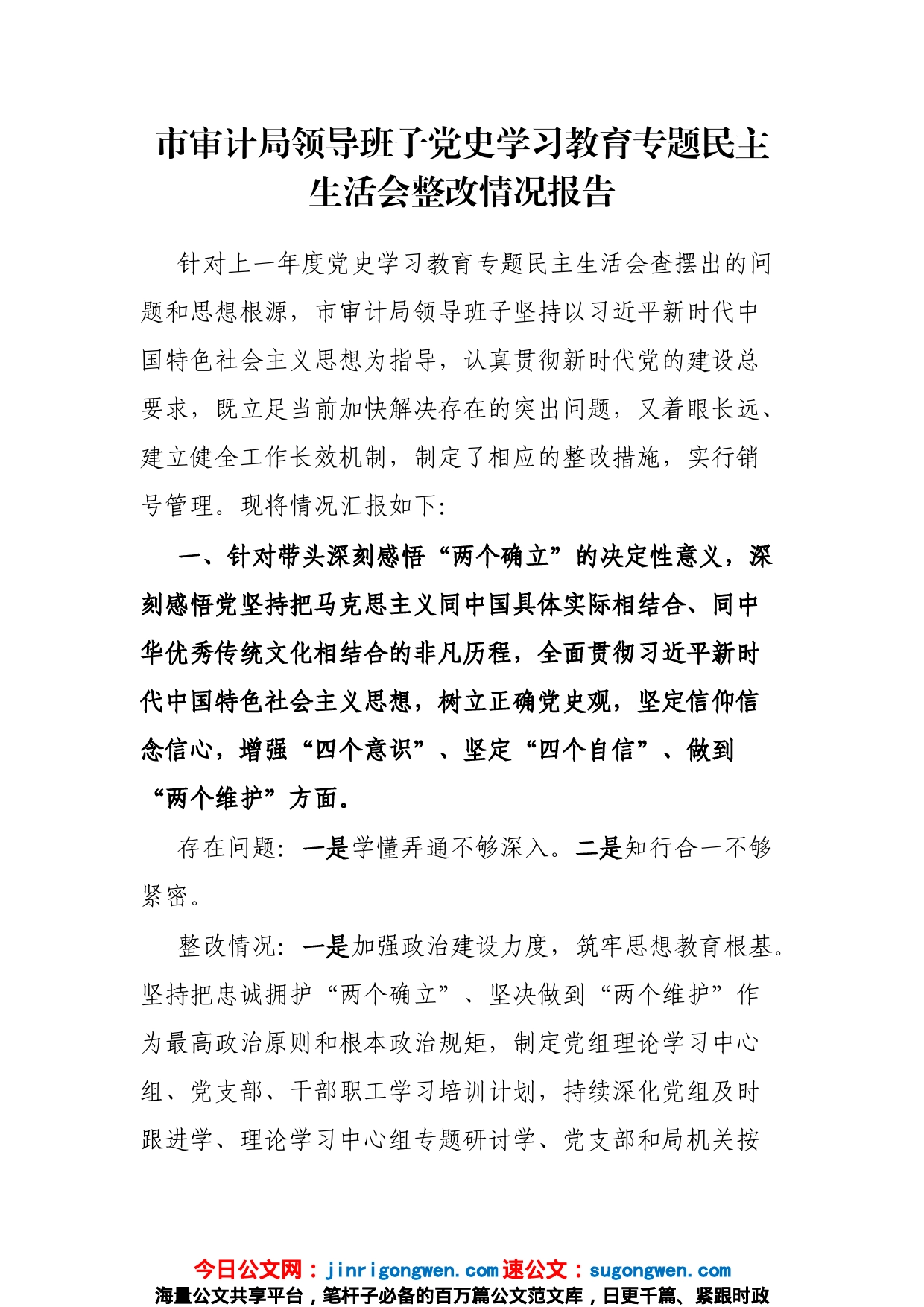 市审计局领导班子党史学习教育专题民主生活会整改情况报告_第1页