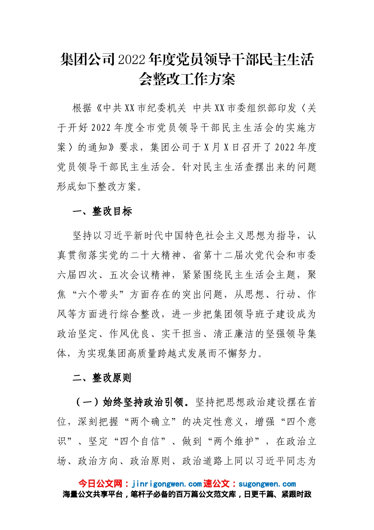 集团公司2022年度党员领导干部民主生活会整改工作方案_第1页