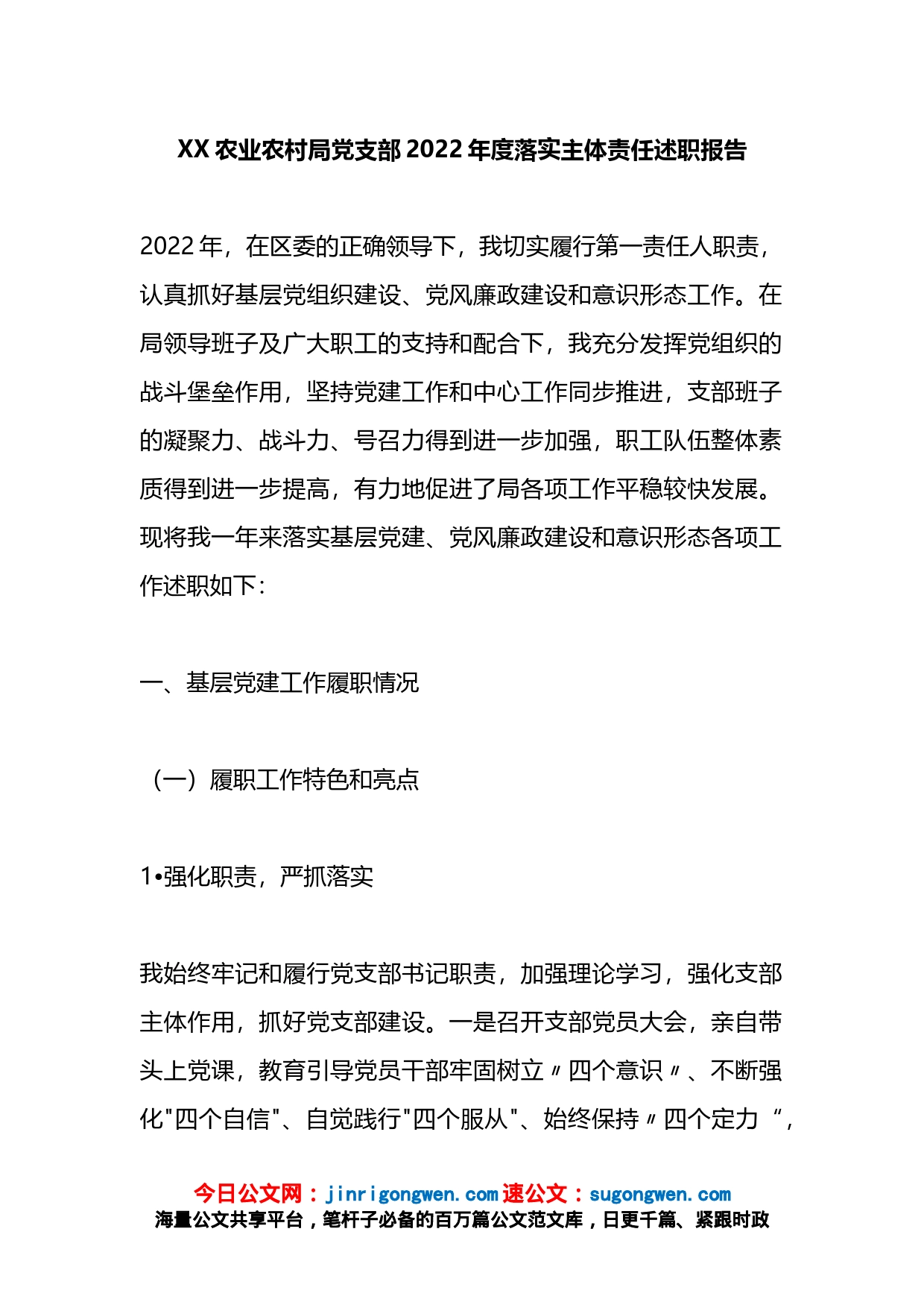 农业农村局党支部2022年度落实主体责任述职报告_第1页