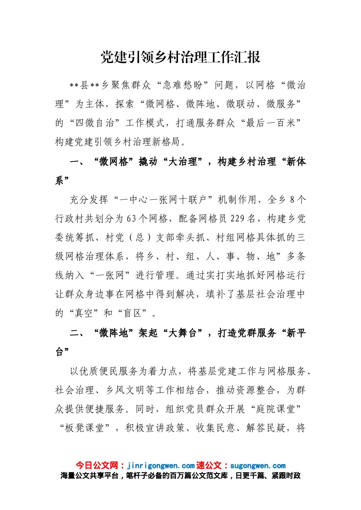 党建引领乡村治理工作汇报_第1页