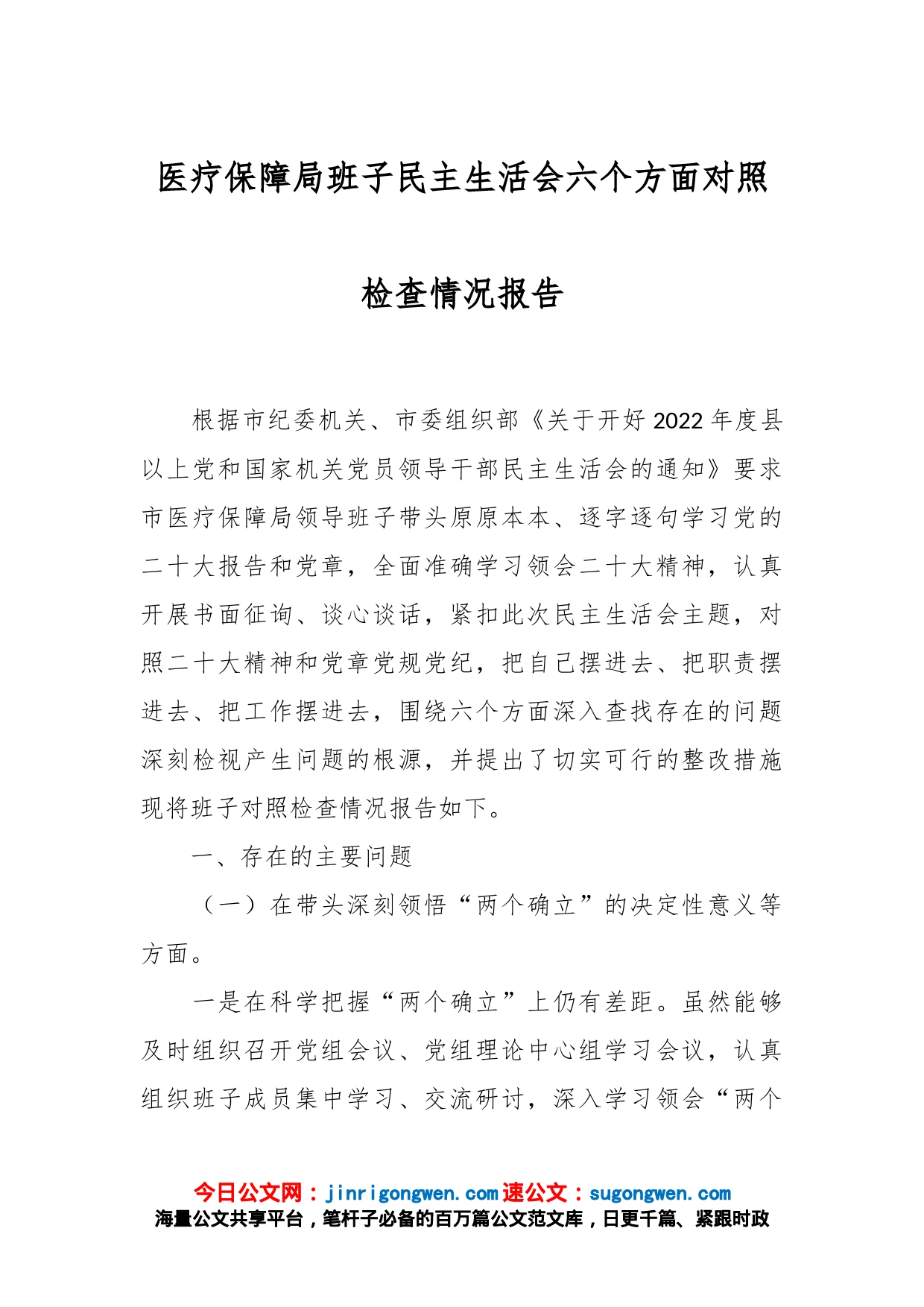 医疗保障局班子民主生活会六个方面对照检查情况报告_第1页