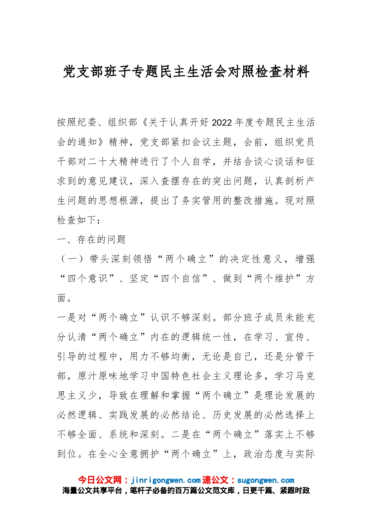 党支部班子专题民主生活会对照检查材料2_第1页