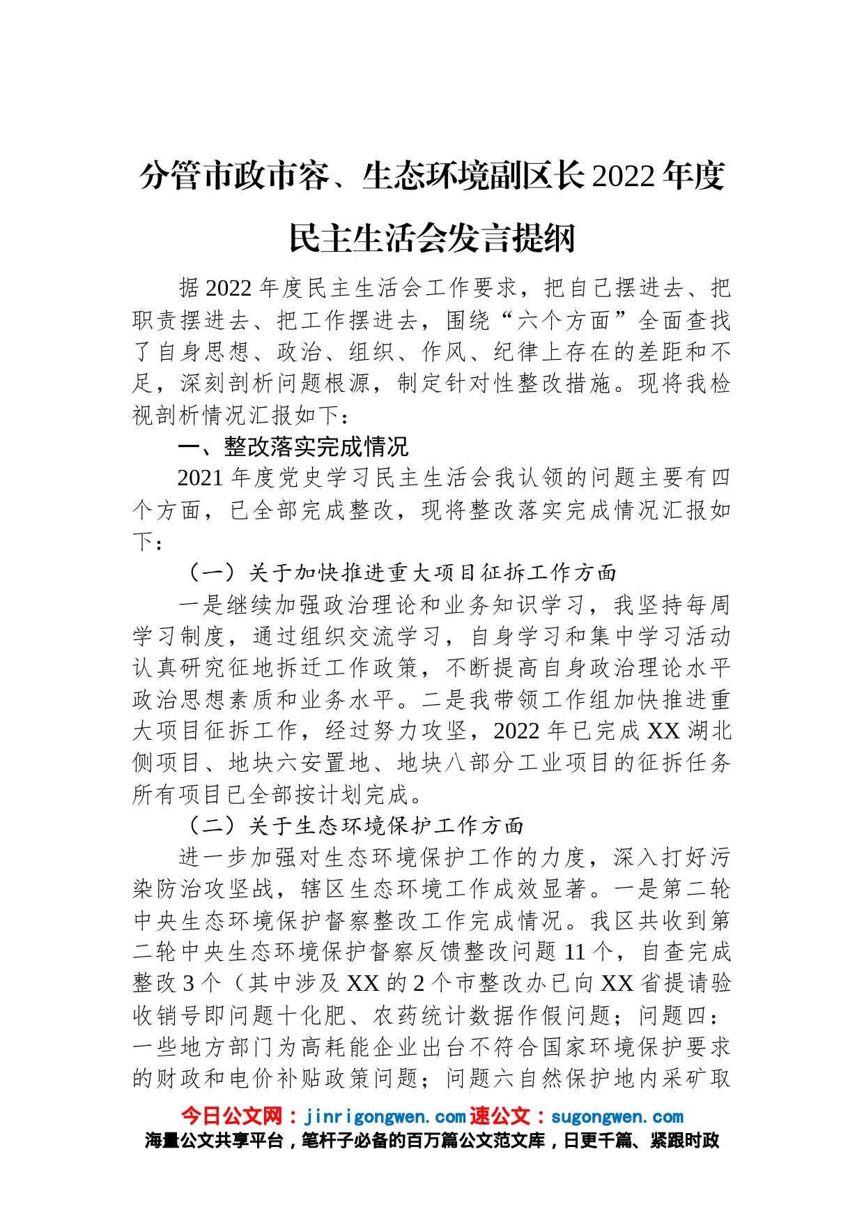 分管市政市容、生态环境副区长2022年度民主生活会发言提纲_第1页