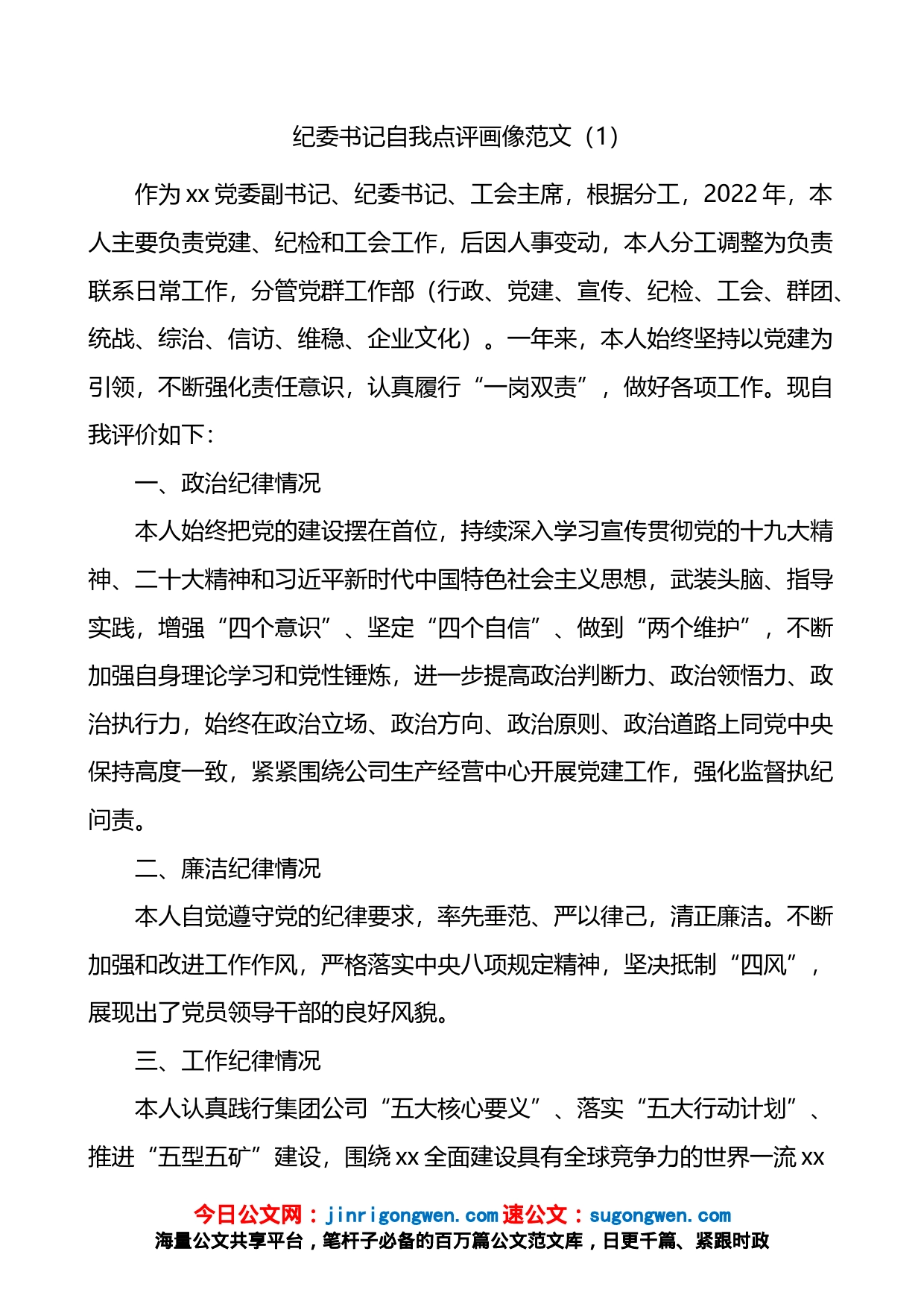 公司纪委书记自我点评画像及为班子成员点评画像汇编_第1页