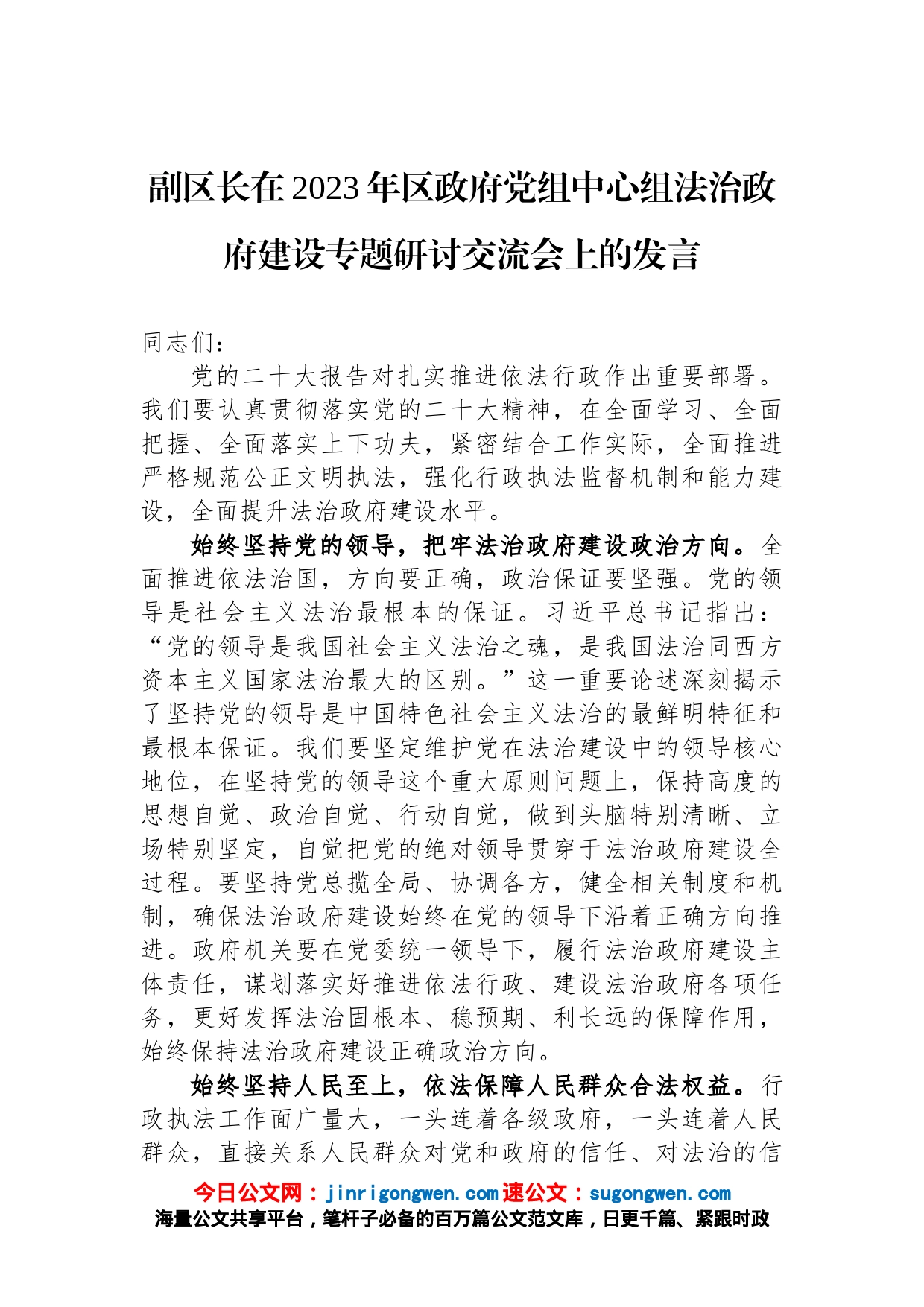 副区长在2023年区政府党组中心组法治政府建设专题研讨交流会上的发言_第1页