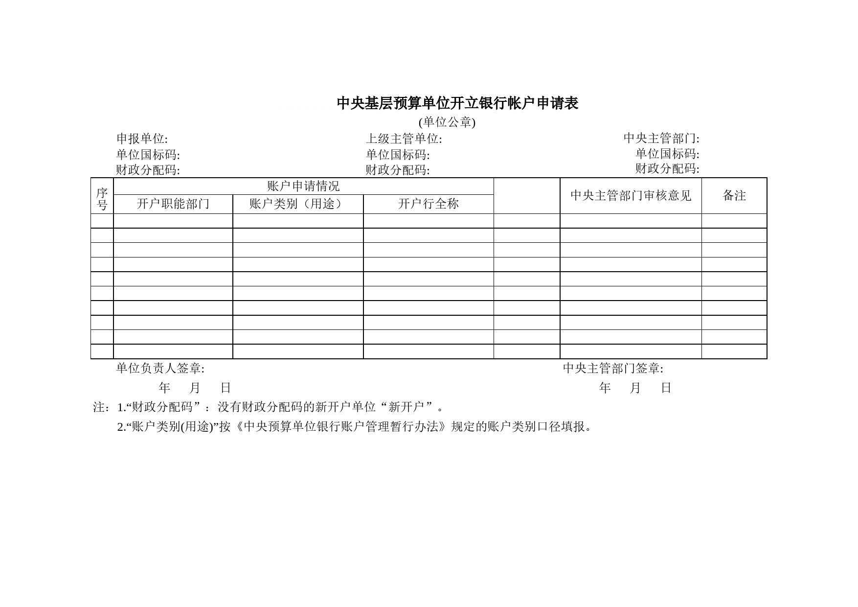 中央基层预算单位开立银行帐户申请表Excel表格模板_第1页