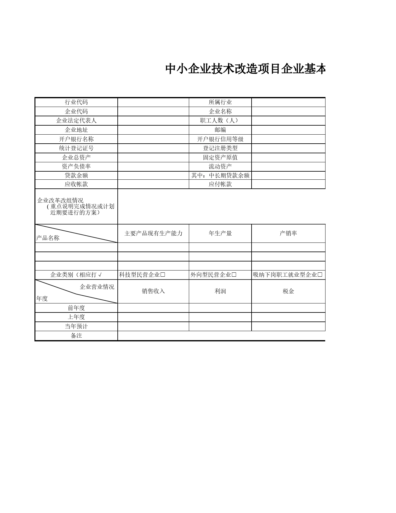 中小企业技术改造项目企业基本情况表Excel表格模板_第1页