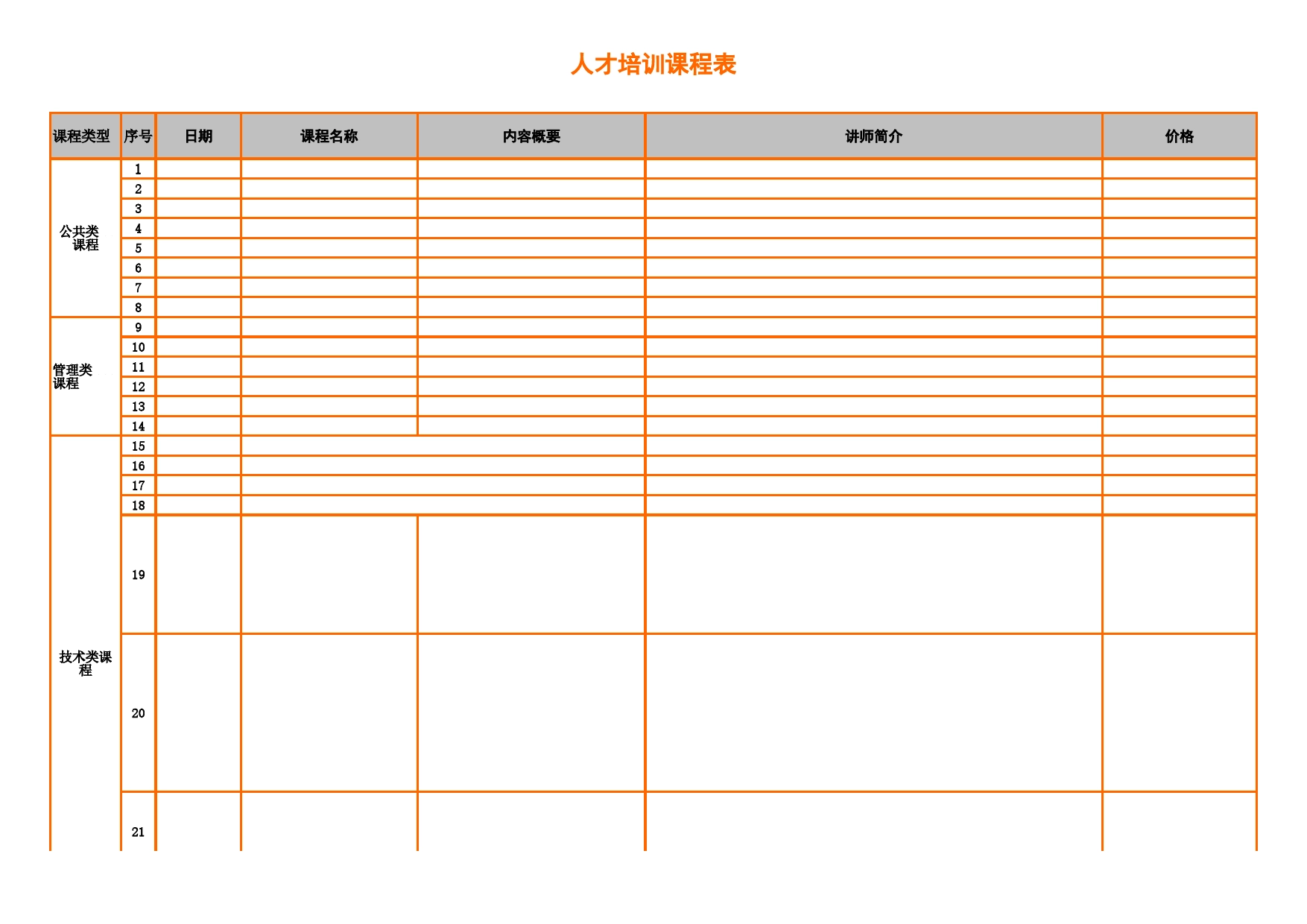 人才培训课程表Excel表格模板_第1页