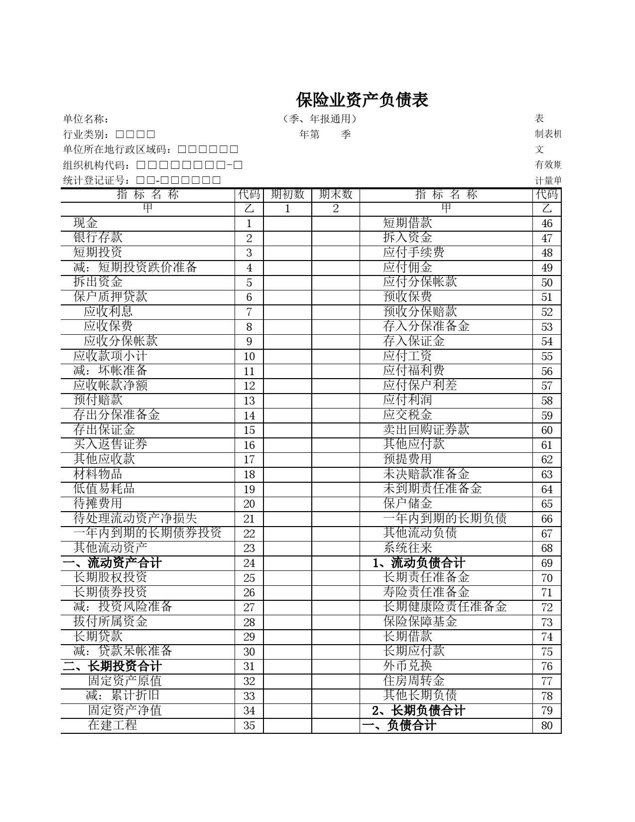 保险业资产负债表Excel表格模板_第1页