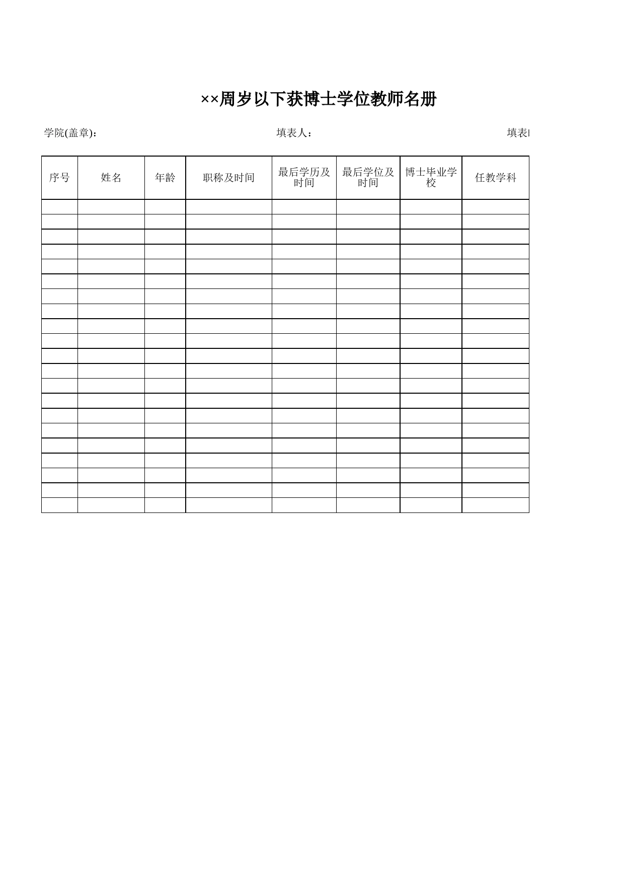 全院××岁以下教师获博士学位的教师名册Excel表格模板_第1页