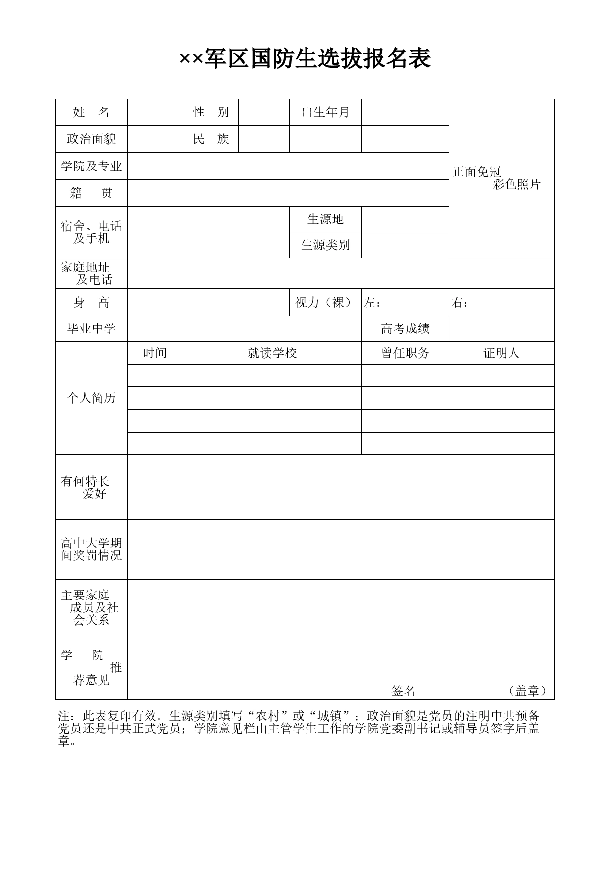 军区国防生选拔报名表Excel表格模板_第1页