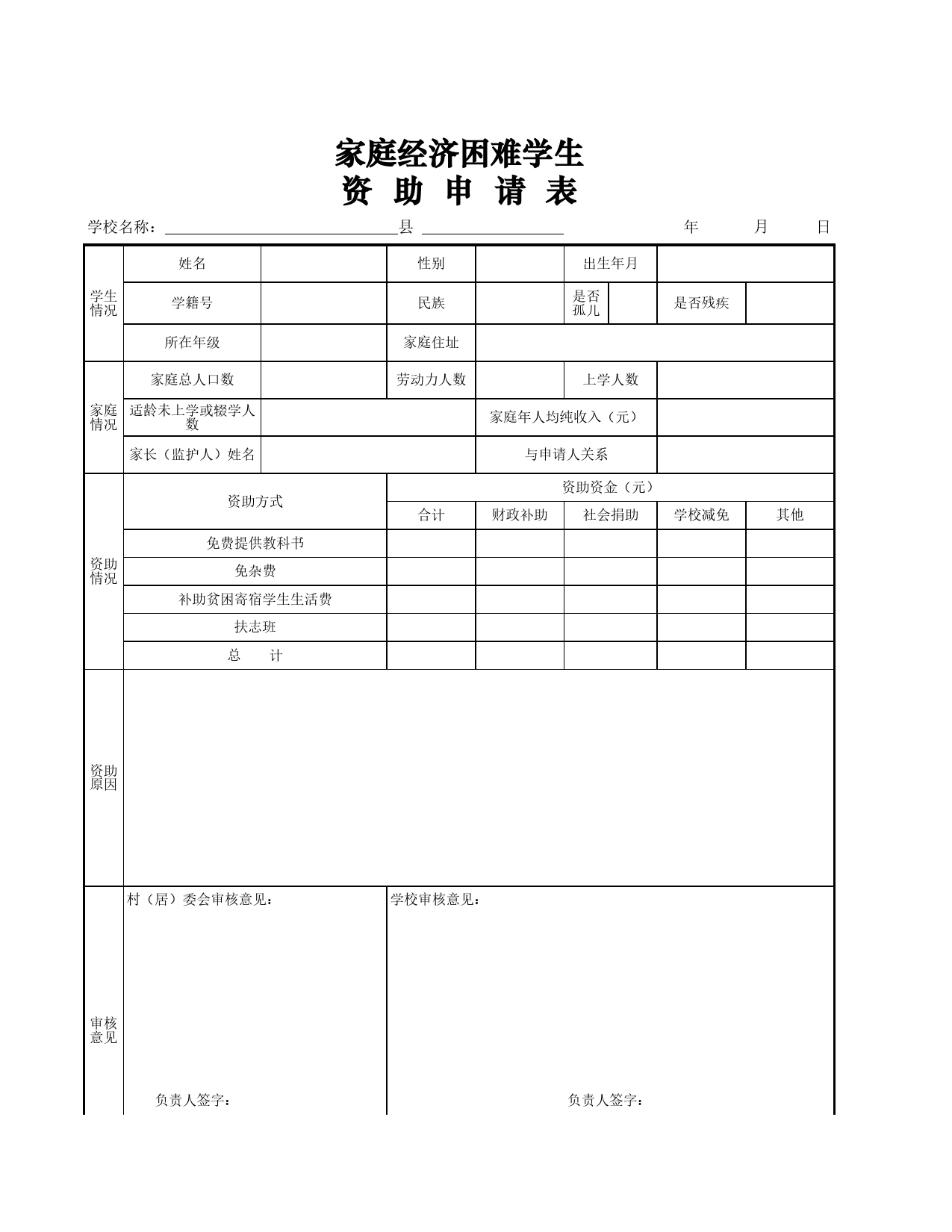 困难学生资助申请表Excel表格模板_第1页