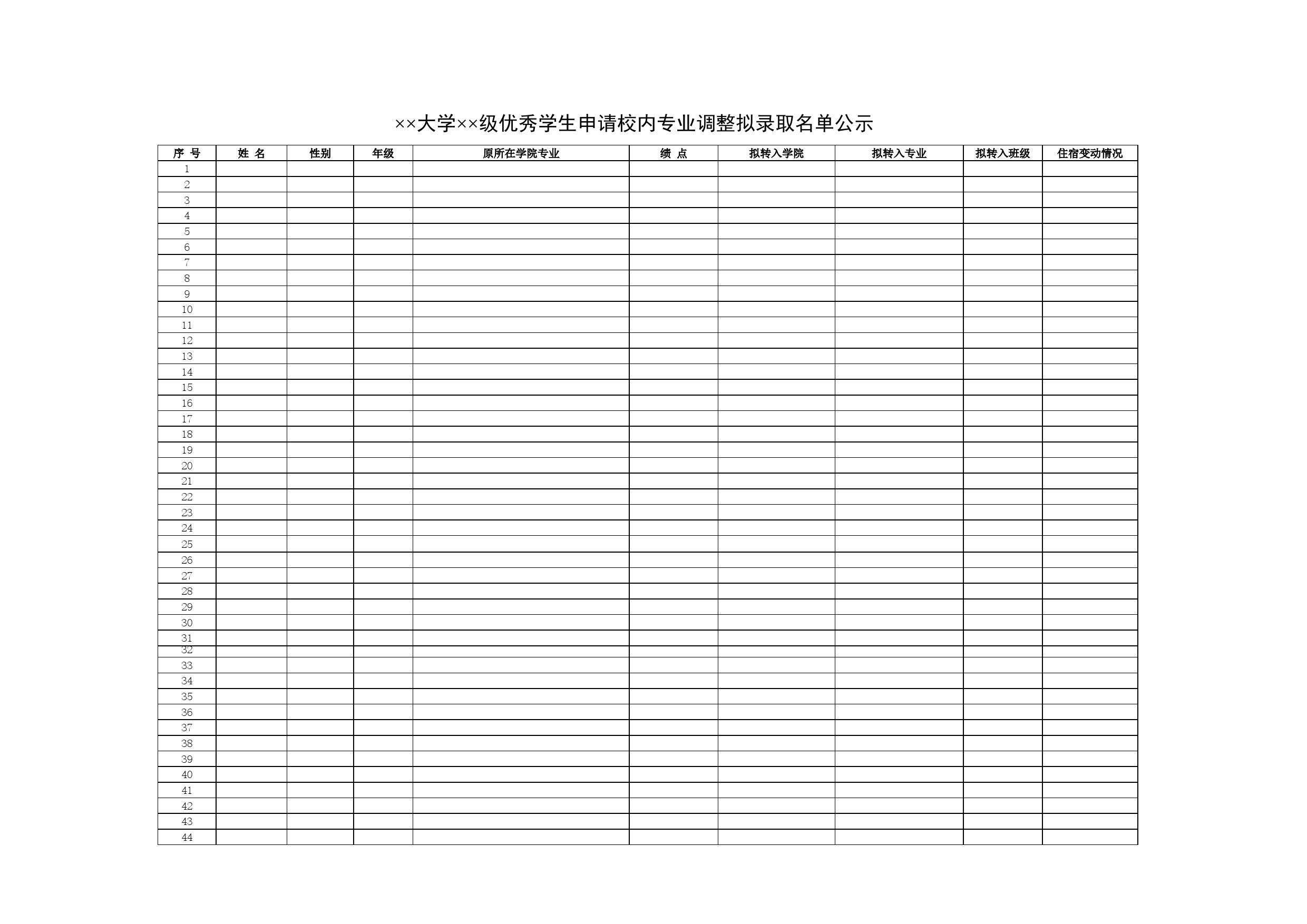 大学优秀学生申请校内专业调整拟录取名单公示Excel表格模板_第1页