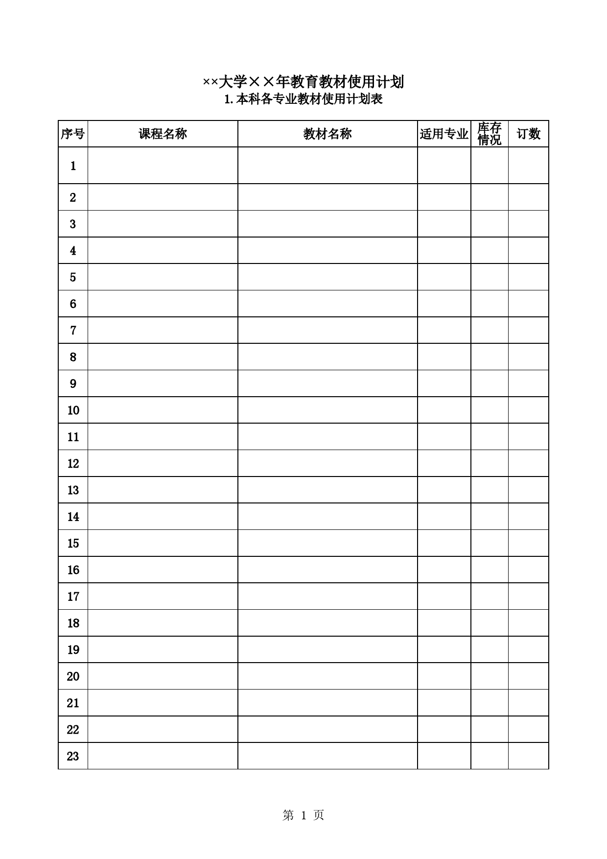 大学教育教材使用计划Excel表格模板_第1页