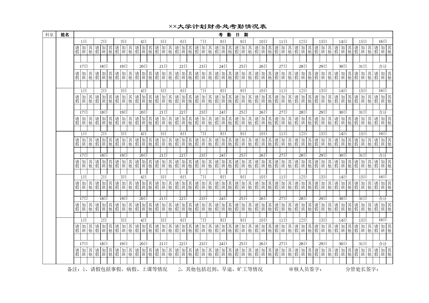 大学计划财务处考勤情况表Excel表格模板_第1页