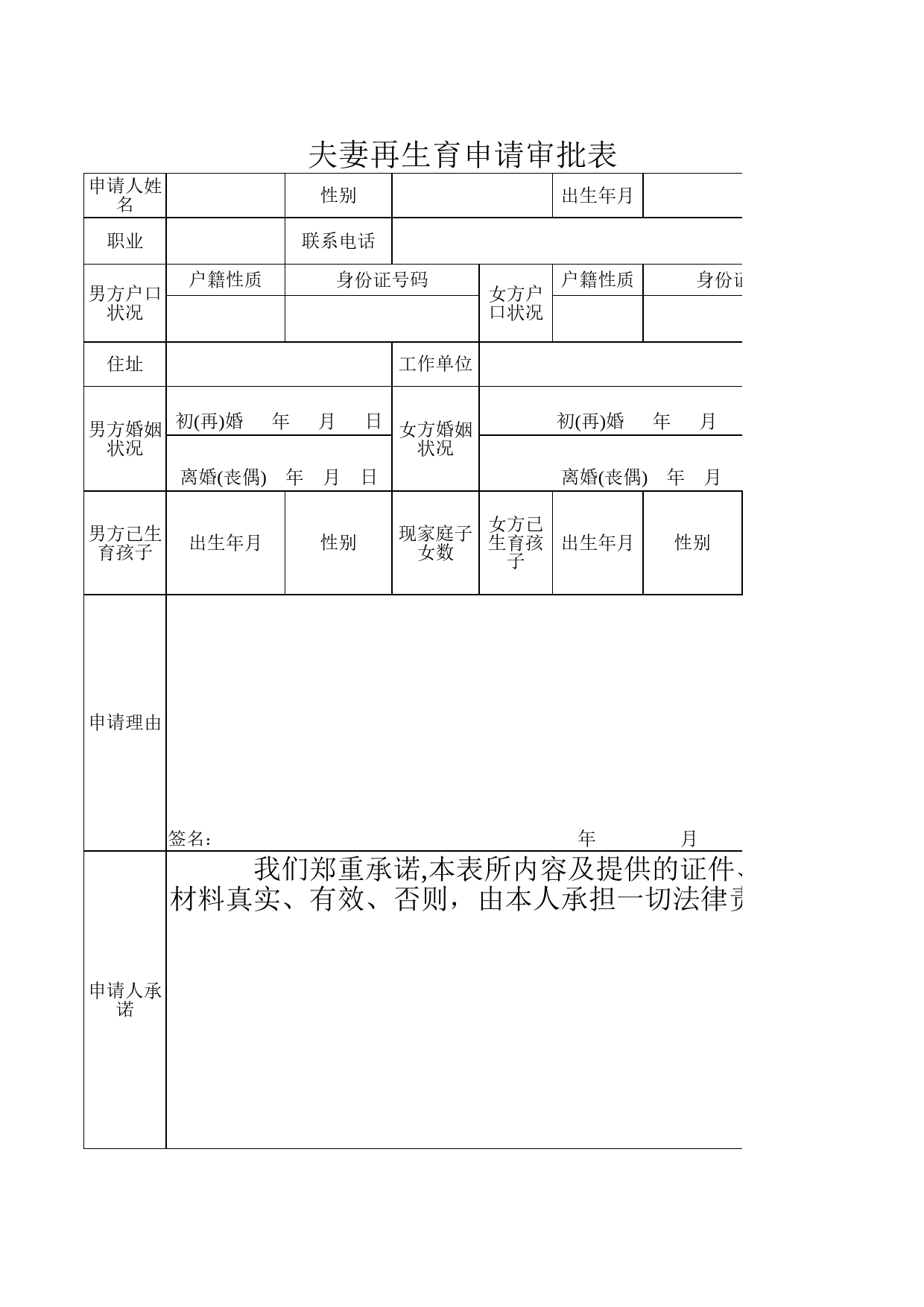 夫妻再生育申请审批表Excel表格模板_第1页