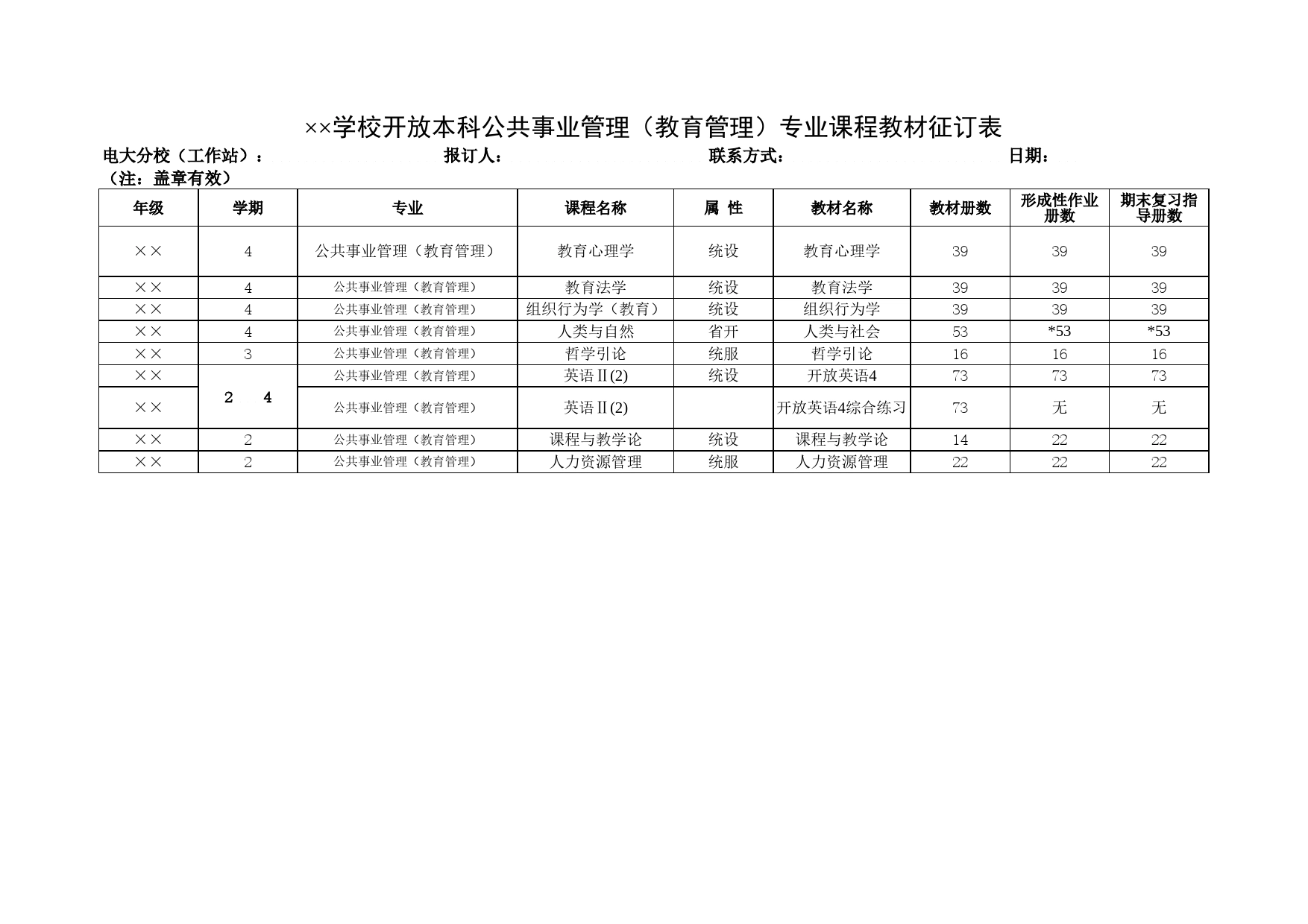 学校开放本科公共事业管理（教育管理）专业课程教材征订表Excel表格模板_第1页