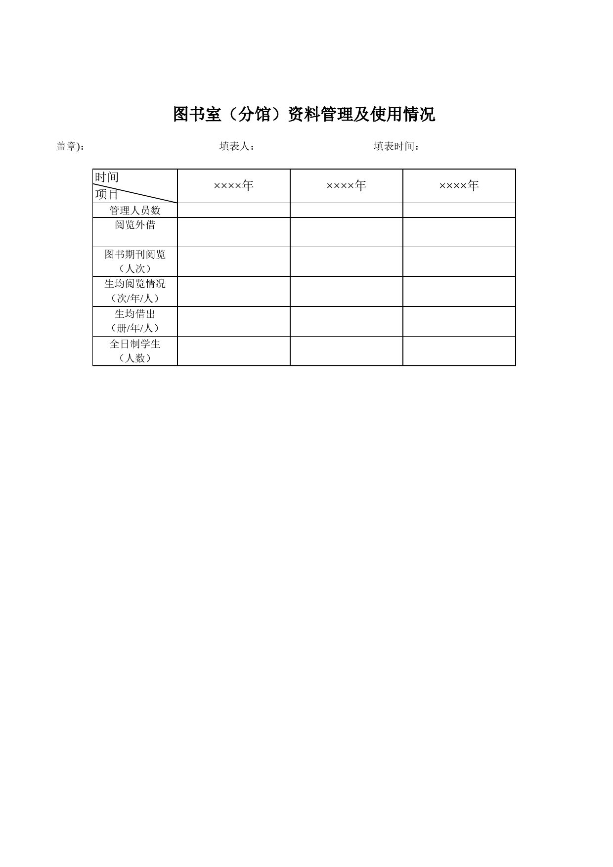 学院图书室（分馆）资料管理及使用情况Excel表格模板_第1页