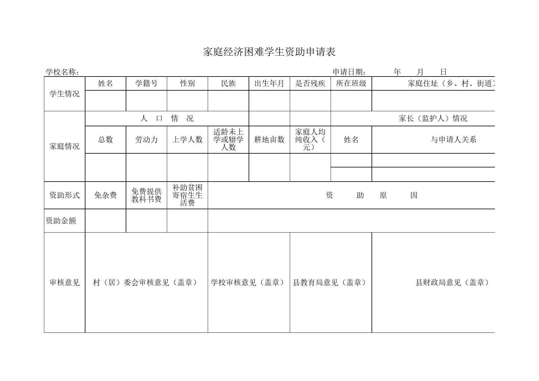 家庭经济困难学生资助申请表Excel表格模板_第1页