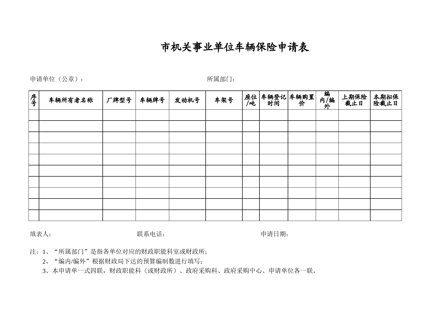 市机关事业单位车辆保险申请表Excel表格模板_第1页