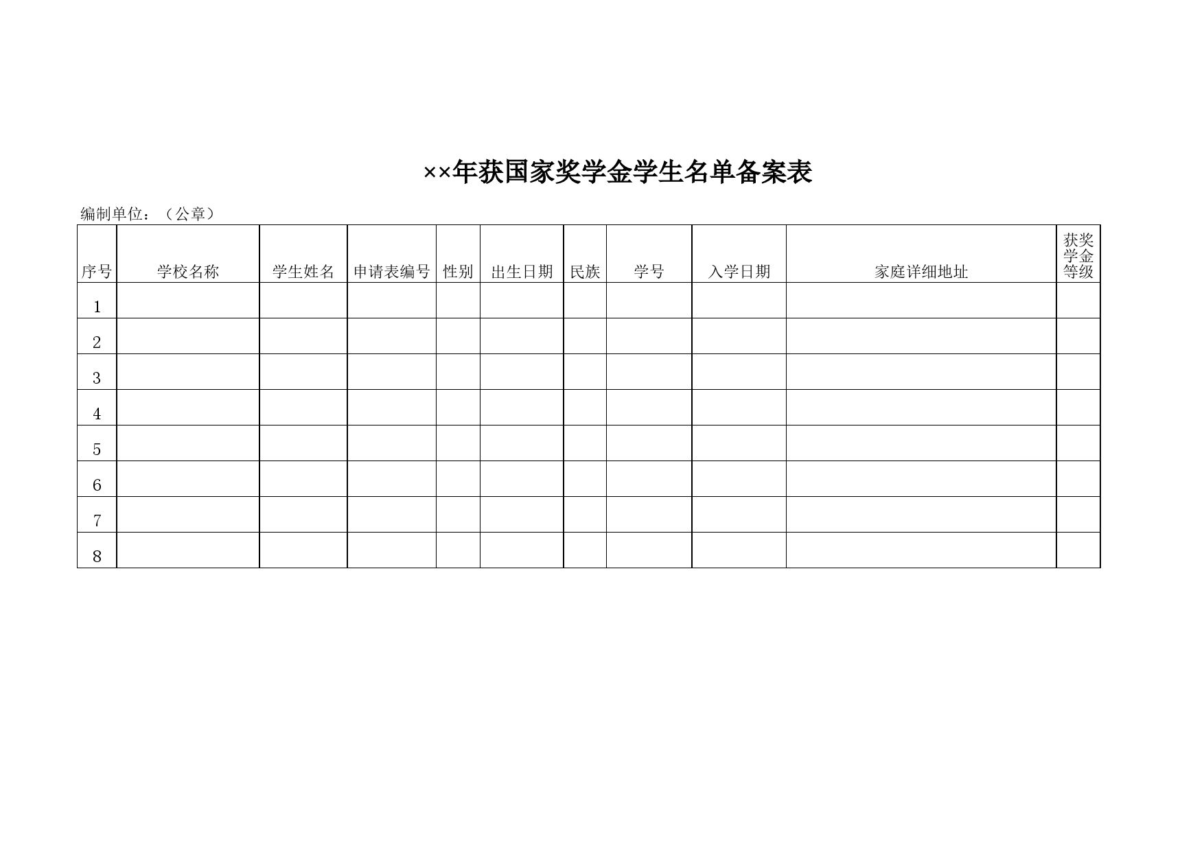 年获国家奖学金学生名单备案表Excel表格模板_第1页