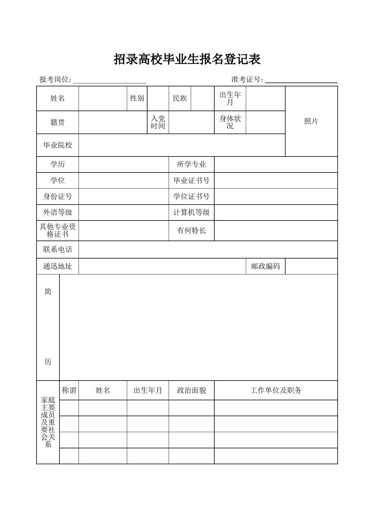 招录高校毕业生报名登记表Excel表格模板_第1页