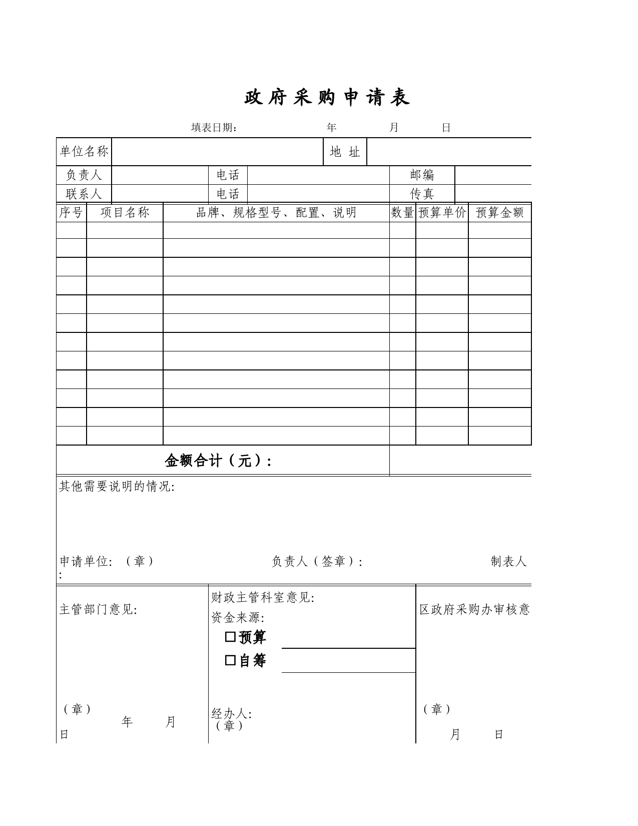 政府采购申请表Excel表格模板_第1页