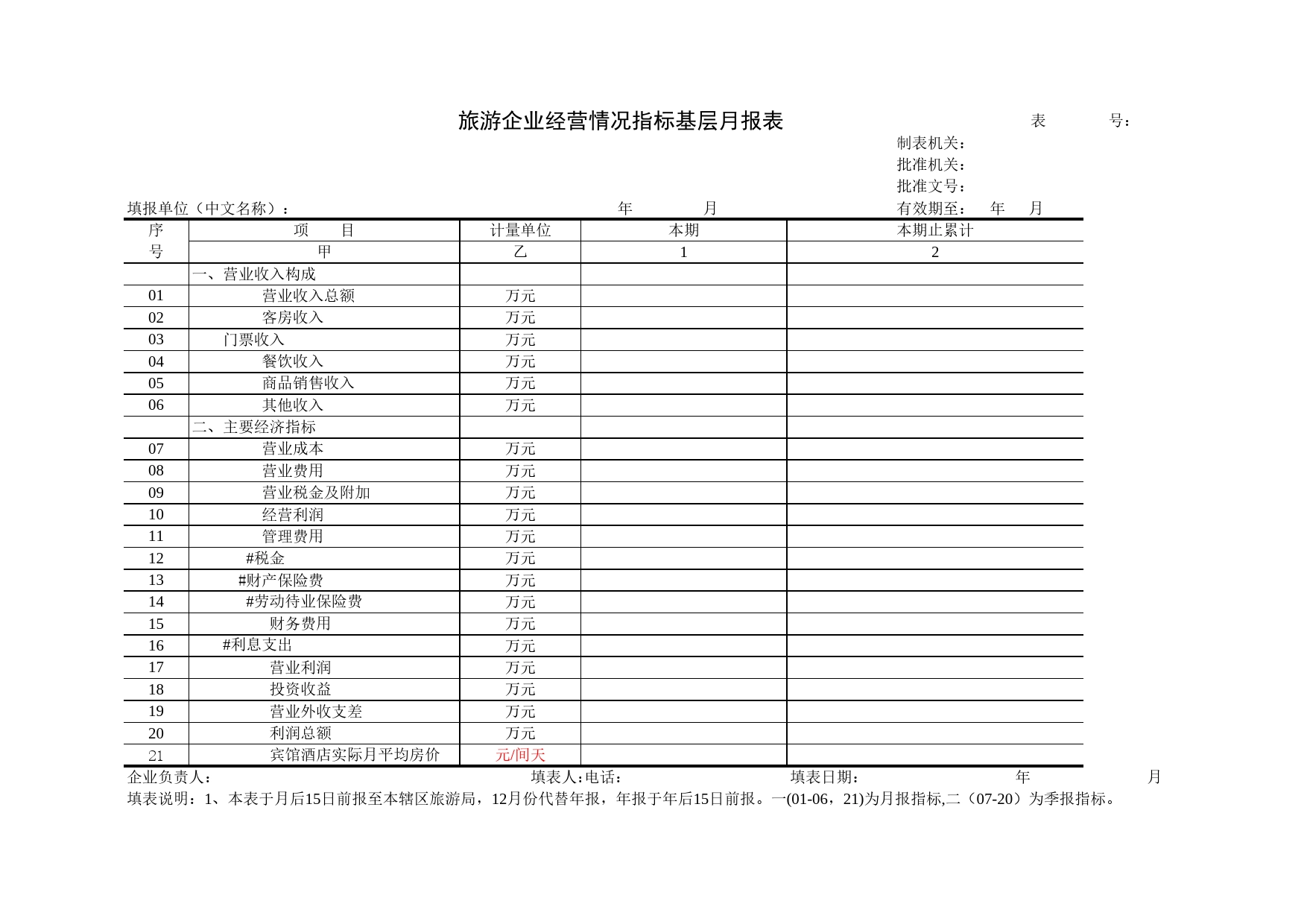 旅游企业经营情况指标基层月报表Excel表格模板_第1页