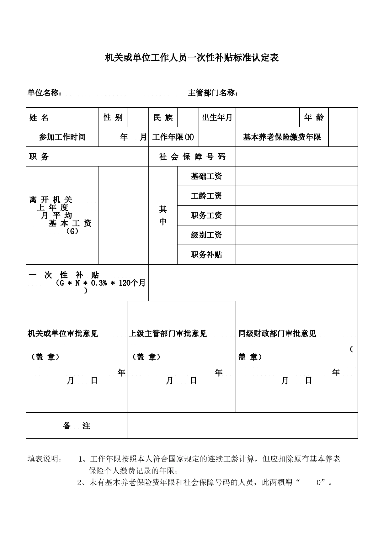 机关或单位工作人员一次性补贴标准认定表Excel表格模板_第1页